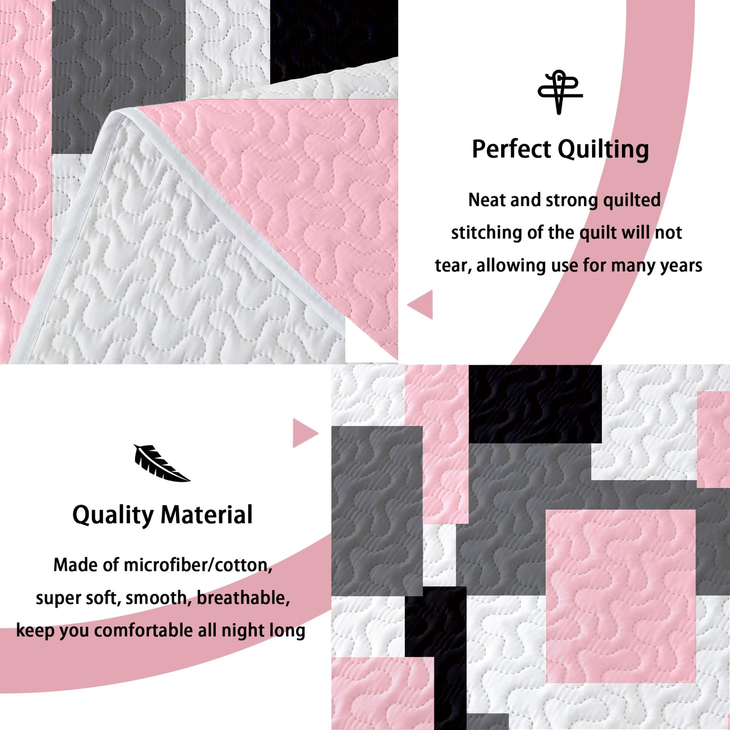 Tyrot 3 Piece Pink Grey Quilt Set King Size Pink Gray White Geometric Reversible Bedding Set Microfiber Lightweight Bedspread Coverlet with 2 Shams Modern Bed Cover for All Season, 106''x96''