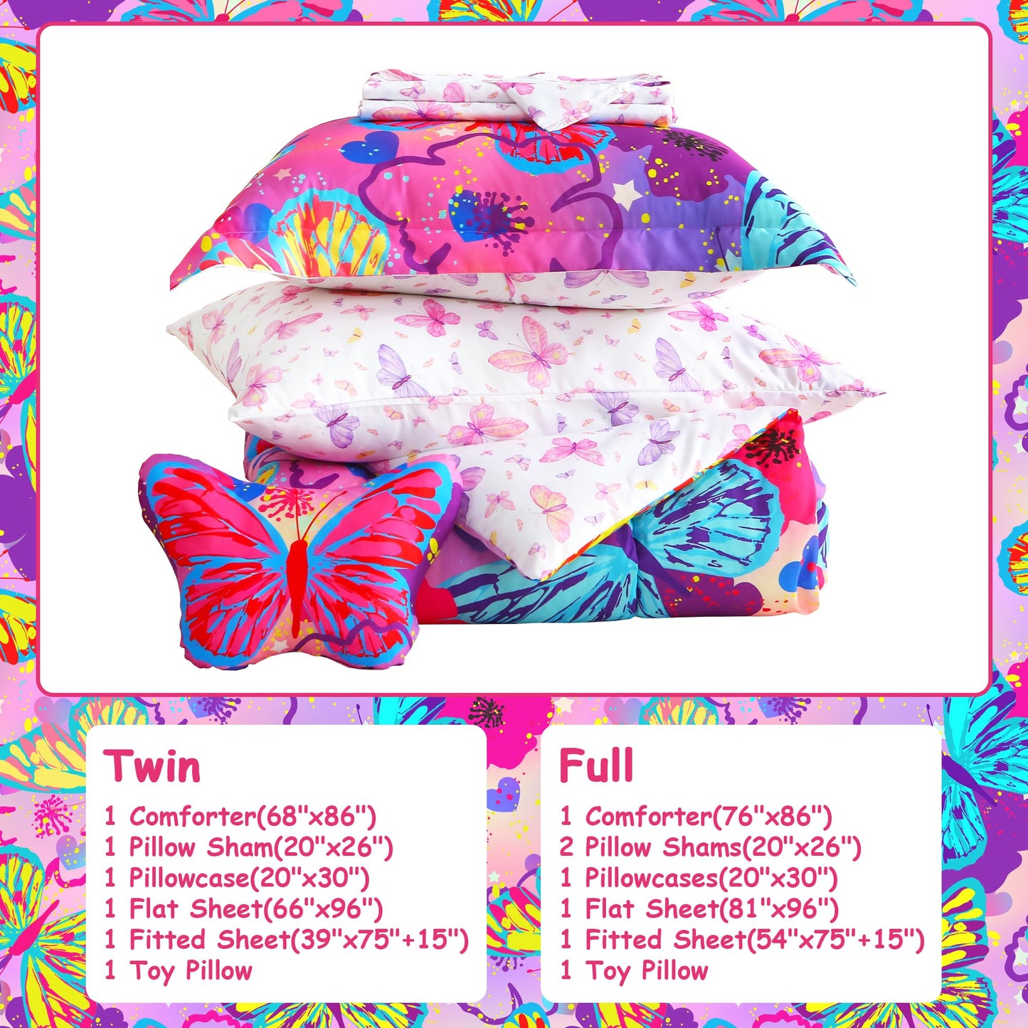 Mooreeke Kids Twin Comforter Sets for Girls 6 Pieces Pink Purple Bedding Set for Teens Microfiber Butterfly Kids Bed in A Bag with Comforter, Sheet Set, Shams and Decorative Toy Pillow