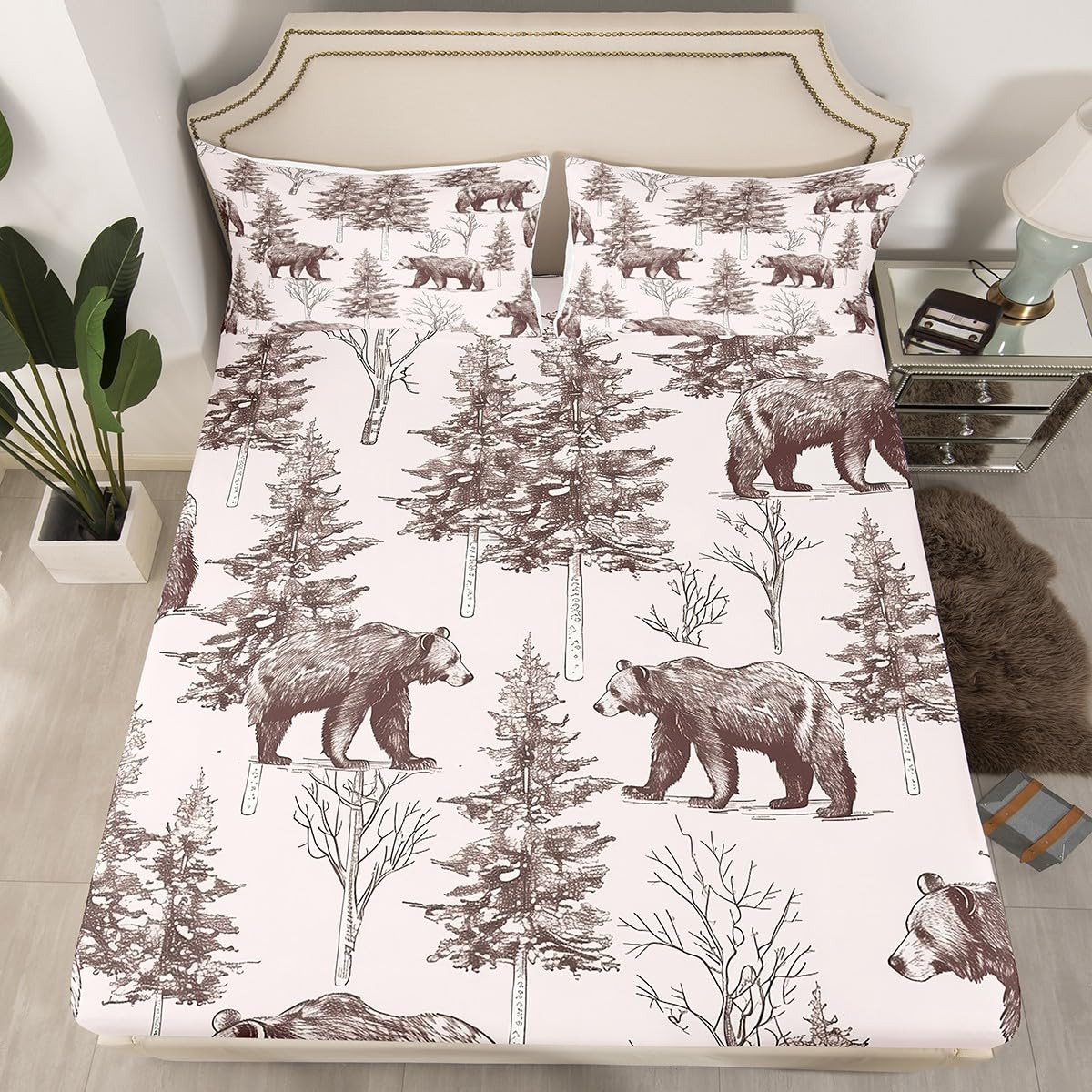 Erosebridal Bear Bedding Set for Kids Boys Girls Teens Adults Twin Size Bears and Baby Tree Branches Fitted Sheet Trees Winter Scene Wildlife Animal Shadow Bed Cover Bed Décor Breathable Durable