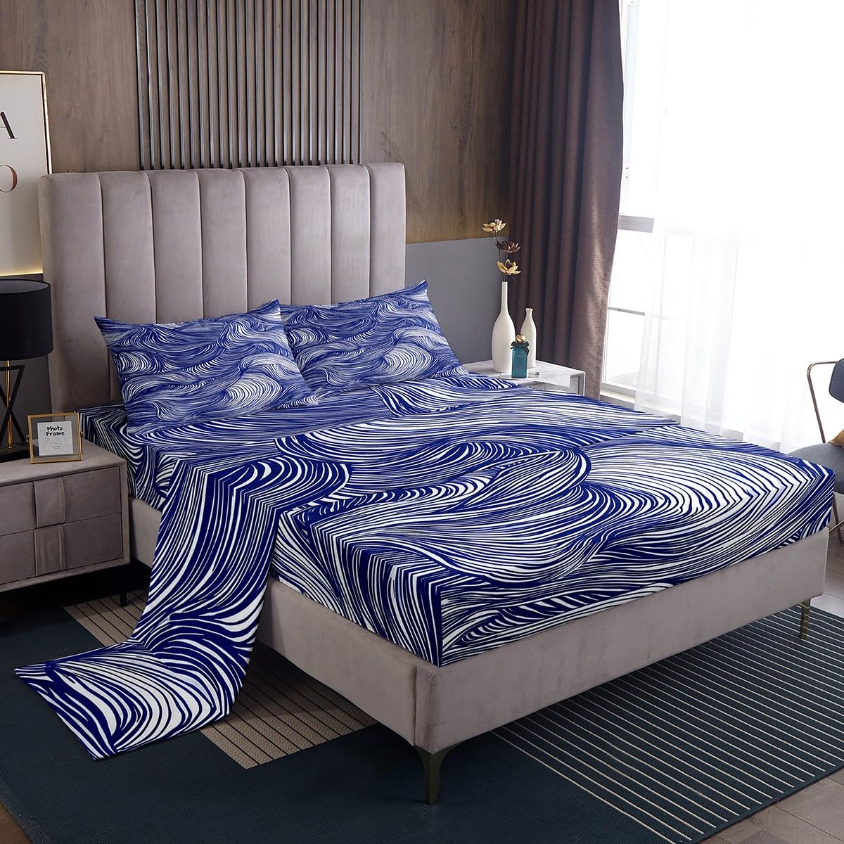 Feelyou Navy Blue Stripes Bed Sheets Set Geometric Sheet Set for Kids Boys Girls Teens Zebra Room Decor Abstract Art Sheets with Deep Pocket Fitted Sheet Queen Size Modern Striped Art Bedding Set 4Pcs