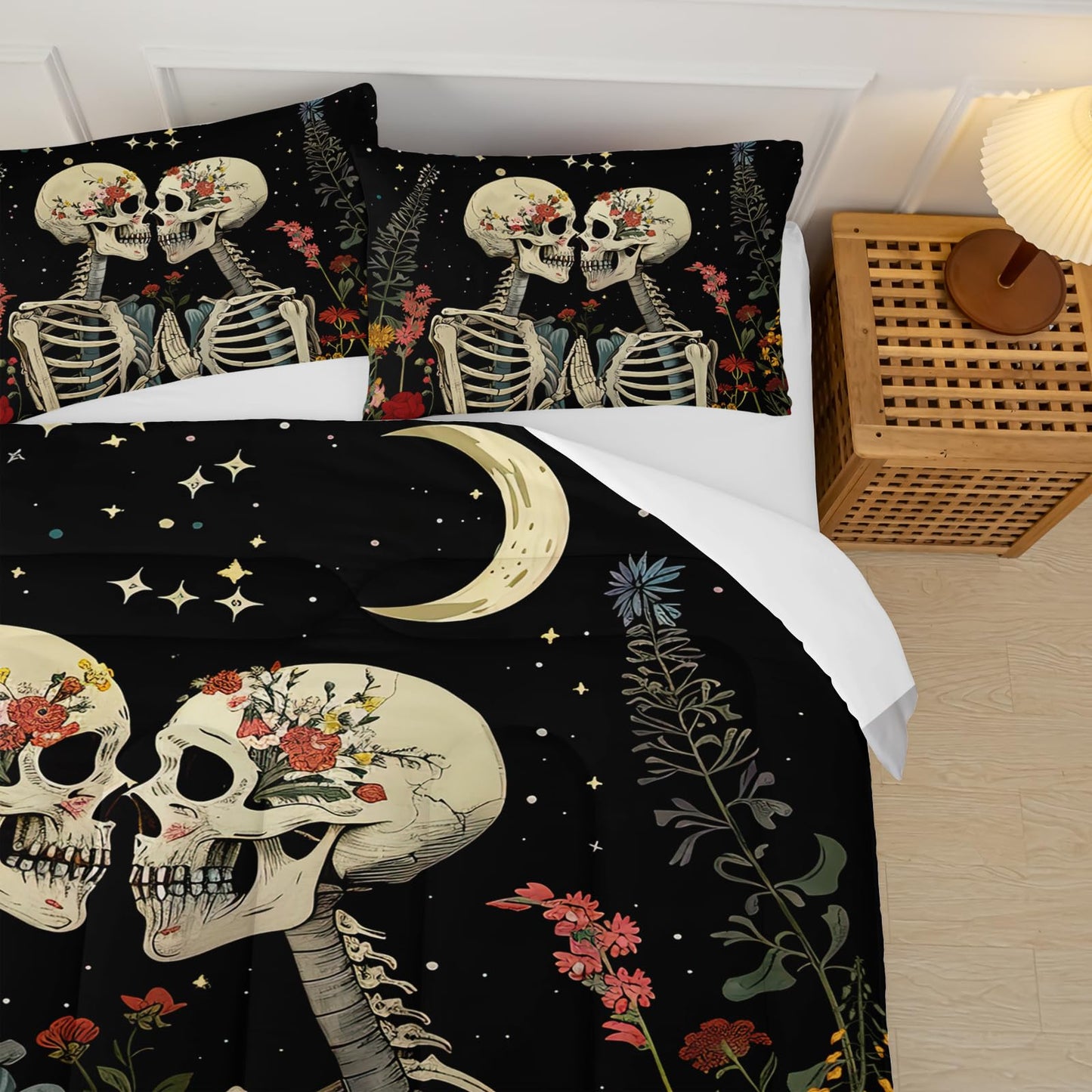 lneffble Black Gothic Skull Flower Twin Comforter Set，Quilt Twin Size Bedding Set Gothic，with 1 Comforter with 2 Pillow Case，Skull Room Decor for Bedroom