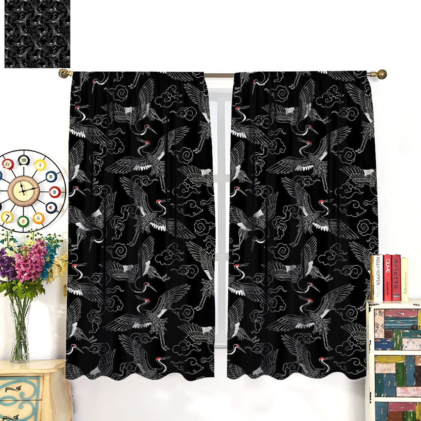 Japanese Style Curtains Fairy Wildlife Theme Crane Bedroom Rod Pocket Blackout Window Drapes 2 Panels Set 42x45in