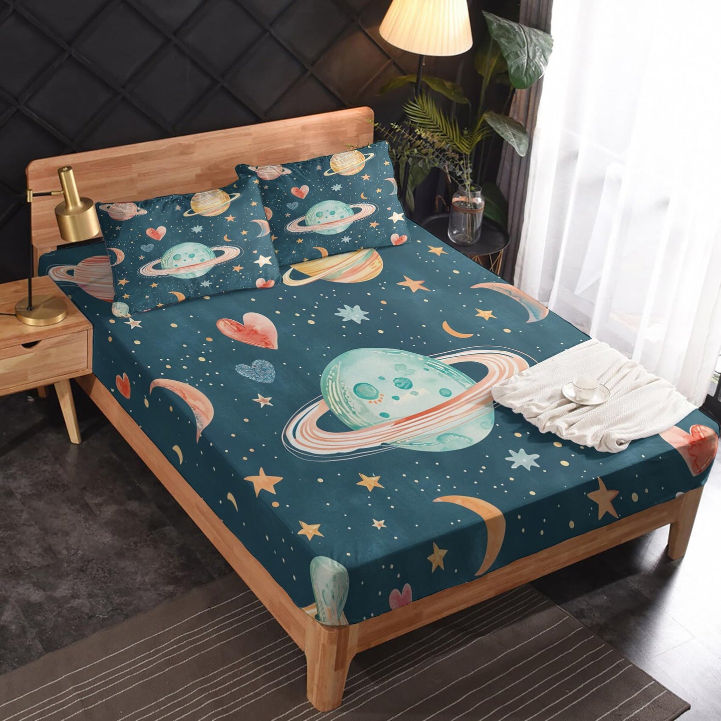 Rejkxyw King Size Sheets Set Cartoon Planet - Star Moon Outer Space Bed Sheets - Boys Girls Sheet Set - 12 Inch Deep Pocket - Ultra Soft Winkle Free Microfiber Bedding Sheets & Pillowcases 4 Piece