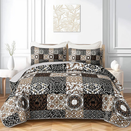 AILONEN Queen Size Brown Black Patchwork Quilt Set, 3-Piece Retro Geometric Boho Bedspread Coverlet, Soft Vintage Quilted Bedding with 2 Pillowcases