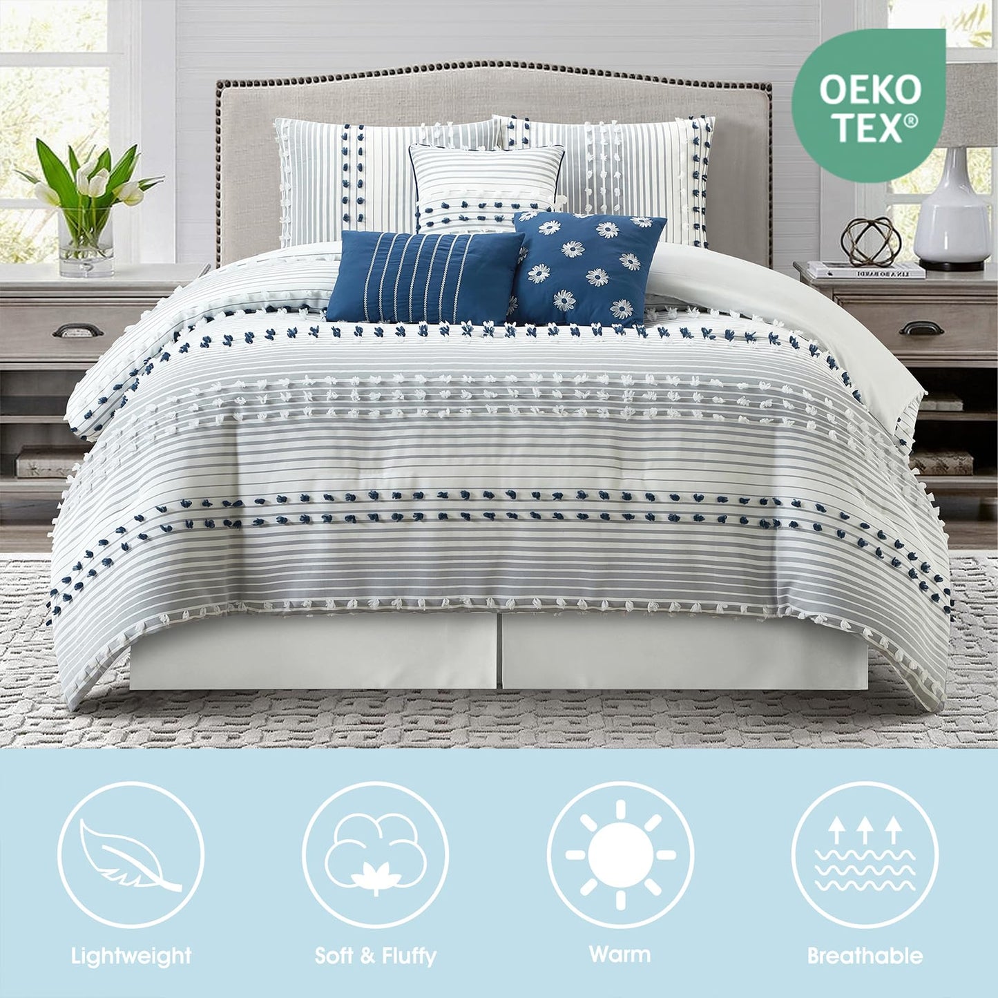 LANCO MODERN LIFESTYLE California King Comforter Set, Blue, Jaquard Clip Striped Design, Elegant Soft 7 Pieces Bedding Set for All Seasons, Matching Bedskirt, Pillow Shams and Decor Pillows