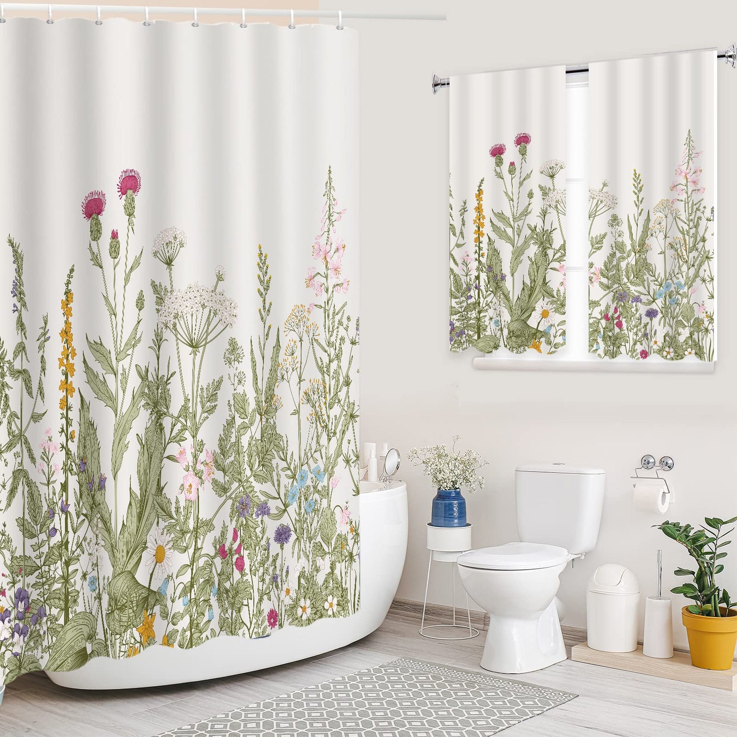 YISURE 2 Piece Wildflower Botanical Shower Curtain Set with Window Curtain, 72x72 with 30x36 inches, Floral Plant Sage Green Leaves Decorative Shower Curtain with Matching Window Panel