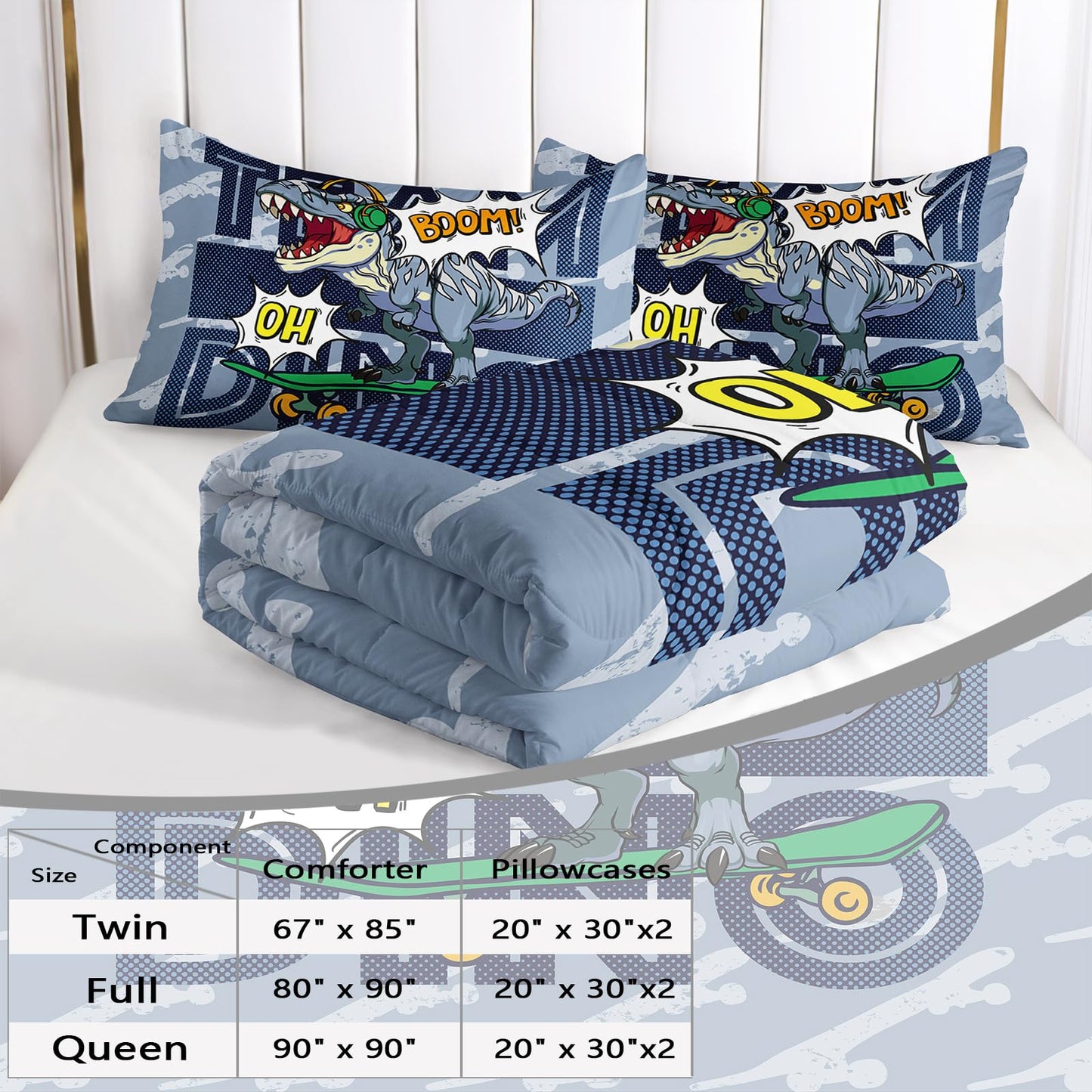 AILONEN Dinosaur Comforter Set, Twin Size, Bedding Set Decor, Music Hip Hop Dinosaur Bed in a Bag for Boys Kids - 3 Pieces Blue Comforter and 2 Pillowcases