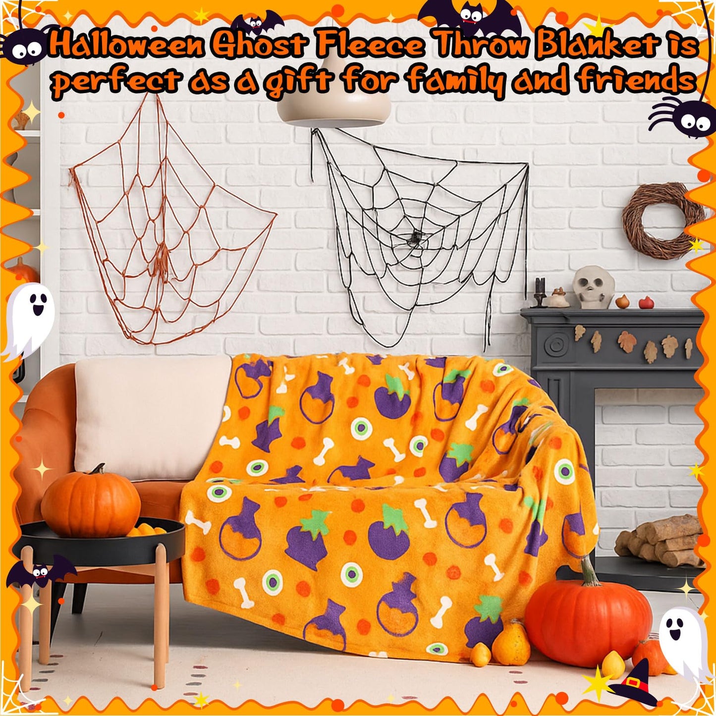 Fanfanwin 4 Pack Halloween Throw Blankets Pumpkin Spider Web Bone Eyes Wizard Hat Moon Soft Flannel Fuzzy Blankets Halloween Cozy Gifts Picnic Home Decor for Sofa Chairs Living Bedroom, 50 x 60 Inch