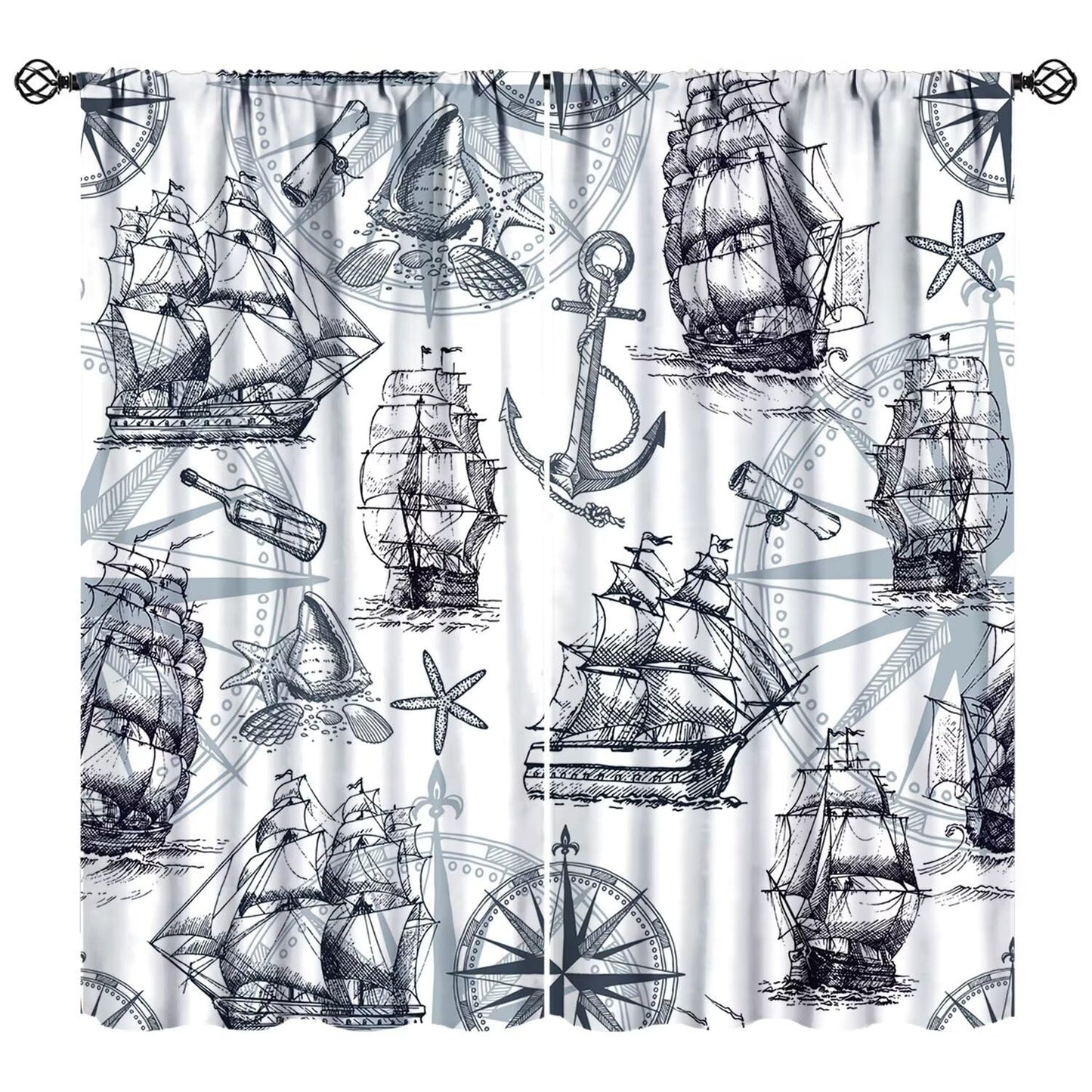 XBDDZSW Nautical Sailboat Map Curtains Sketch Pirate Ship Wheel Compass Starfish Coral Reef Nautical Map Pattern Print Window Drapes for Bedroom Living Room Kitchen Decor,2 Panel Set,42x45 Inch Decor