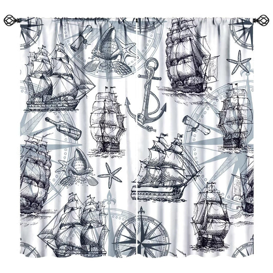 XBDDZSW Nautical Sailboat Map Curtains Sketch Pirate Ship Wheel Compass Starfish Coral Reef Nautical Map Pattern Print Window Drapes for Bedroom Living Room Kitchen Decor,2 Panel Set,42x45 Inch Decor