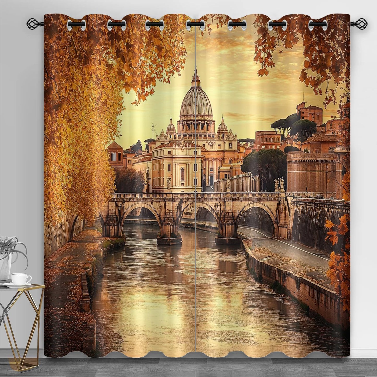 XAFIAUR Castle Blackout Curtains Autumn City View Darkening Grommet Window Drapes European Architecture Print Decor Curtains Apartment Bedroom Living Room 2 Panel Set, 31.5" W x 45" L x2