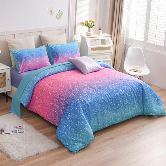 A Nice Night 6Pcs Gradient Glitter Bedding Set for Girls Twin Size, Colorful Rainbow Galaxy Comforter Set, Ultra Soft Bedding Sets, Blue