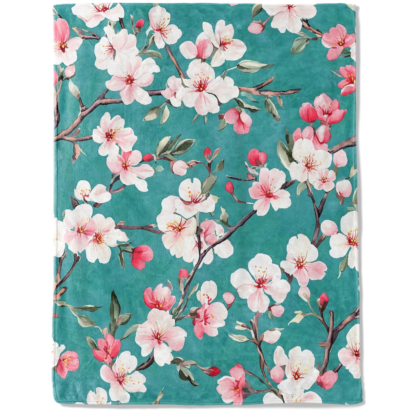 ainori Cherry Blossom Branches Flannel Blanket - Lightweight Soft Cozy Unique Gifts Blankets for Floral Lovers,Kids,Adult,Women, Elegant Teal Background Art Throw,Home Room Modern Decor 50x60in