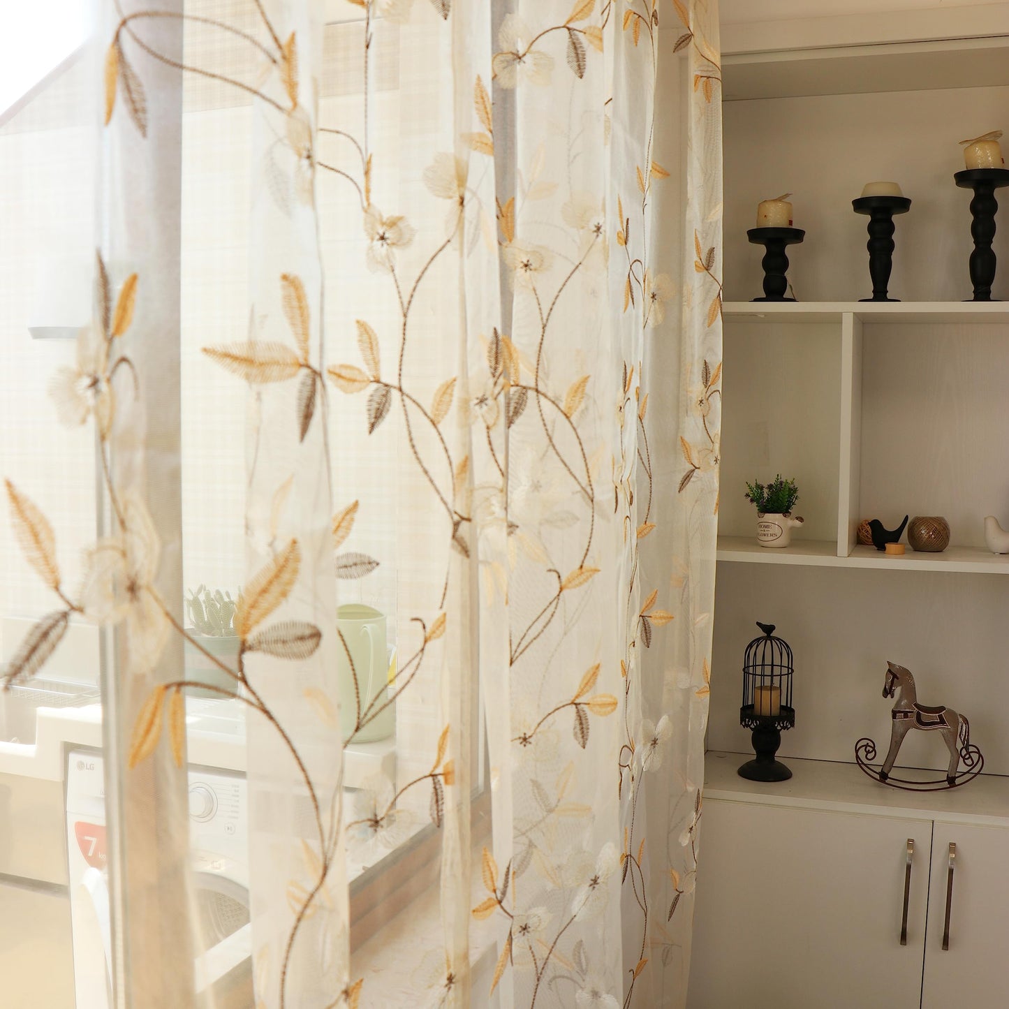 SLOW SOUL Set of 2 Panels Coffee Iris Flowers Sheer Curtains Floral Semi Sheer Embroidered Curtains & Drapes for Bedroom Living Room Rod Pocket 52W X 69L inch