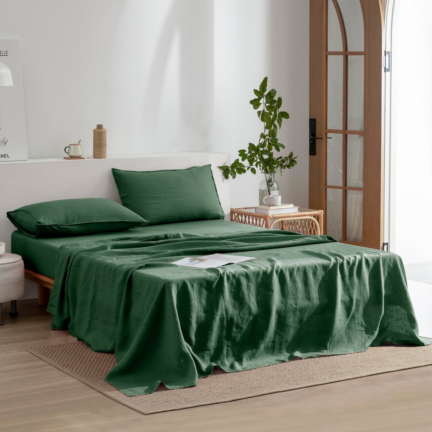 EVERLY Linen Twin Size Sheets Set,100% French Washed Pure Linen Bed Sheets Deep Pocket Sheets,3Pieces(1Flat Sheet,1Fitted Sheet,1Pillowcase) Suitable for Hot Sleepers,180GSM Dark Green Bedding Set