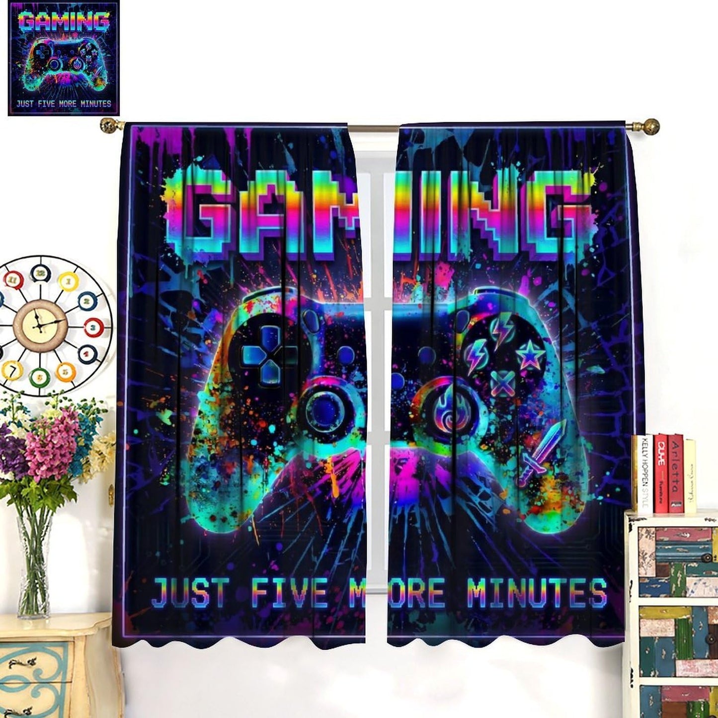 VUMIVI Gaming Curtains Cool Rainbow Neon Splatter Game Controller Just Five More Minutes Quote Rod Pocket Window Treatments for Boys Bedroom Gamer Room Apartment Dorms Cafe 42" W X 44.5" L
