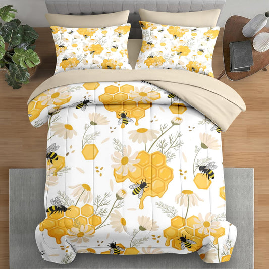 Pamnest Comforter Set Full Size, Bees Honey Flower 7 Pcs Bedding for Kids and Adults, Spring Floral Summer Bed Sheet Sets with Fitted Sheet 2 Pillowcases & 2 Shams for Bedroom Bed Decor