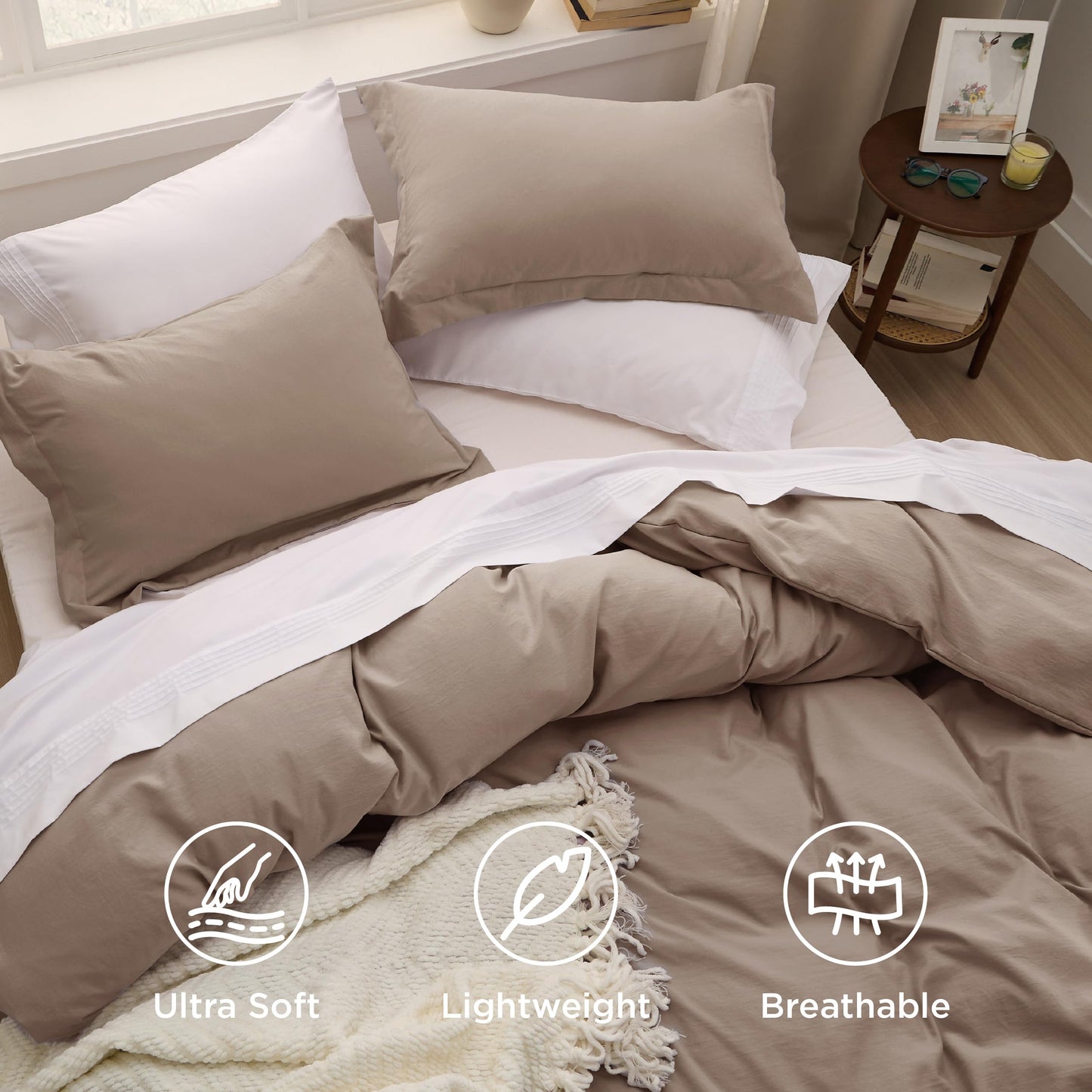 Bedsure Khaki Duvet Cover Queen Size - 3 Pieces Prewashed Cotton-Like Polyester Extra Soft Bedding Set, Includes 1 Duvet Cover 90x90 Inches with Zipper Closure & 2 Pillow Shams, Comforter Not Included