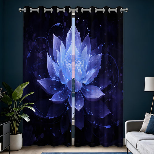 soeeao Royal Blue Lotus Blackout Curtains, Black and Navy Blue Lotus Flower Window Drapes for Bedroom Living Room, 84 inch Length 2 Panels Set, 52x84 inch