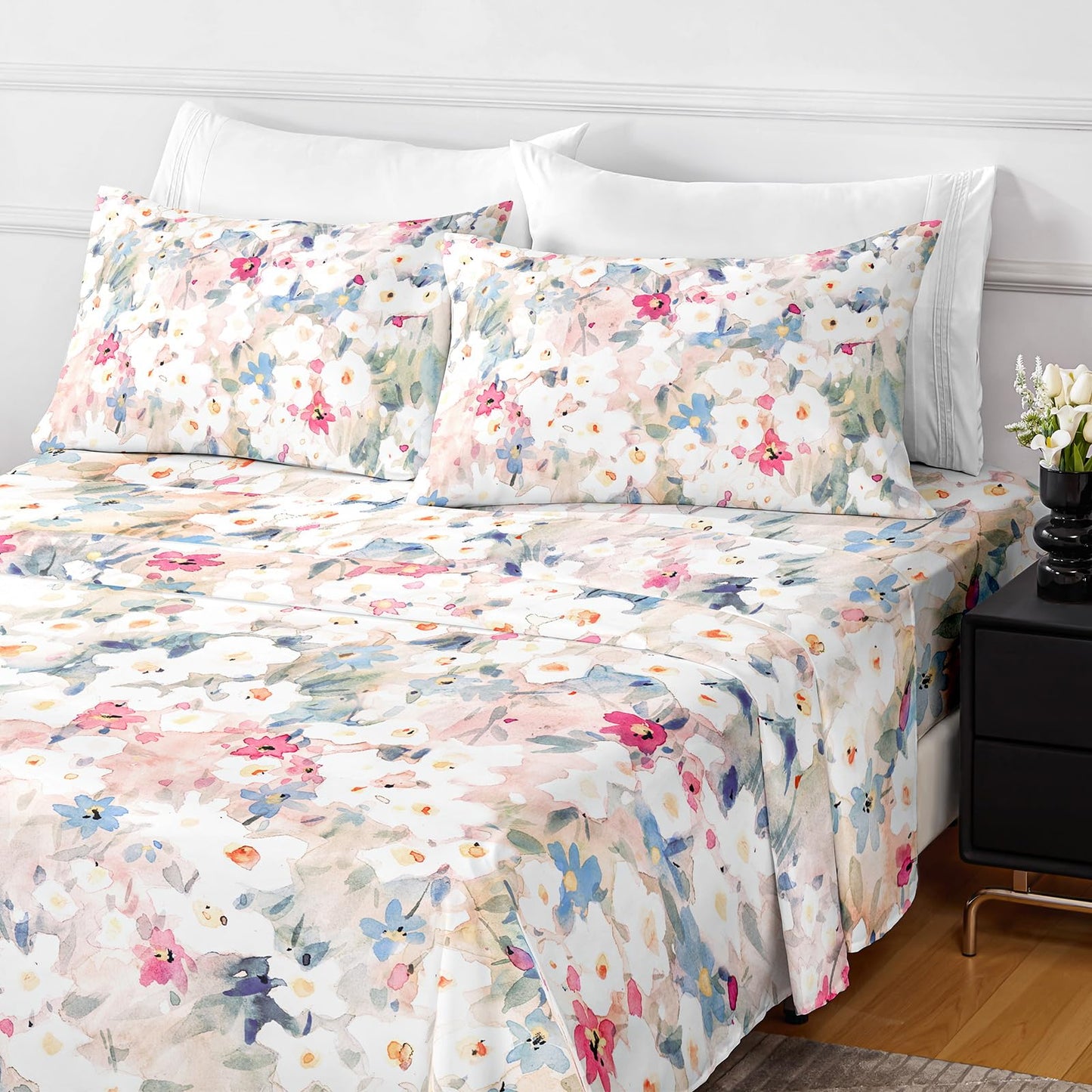 HCORA Floral Queen Sheet Set, Luxury 1800TC Hotel Quality Double Brushed Microfiber Deep Pocket Bed Sheets, Ultra Soft, Breathable and Cooling, 4PC, Queen Size