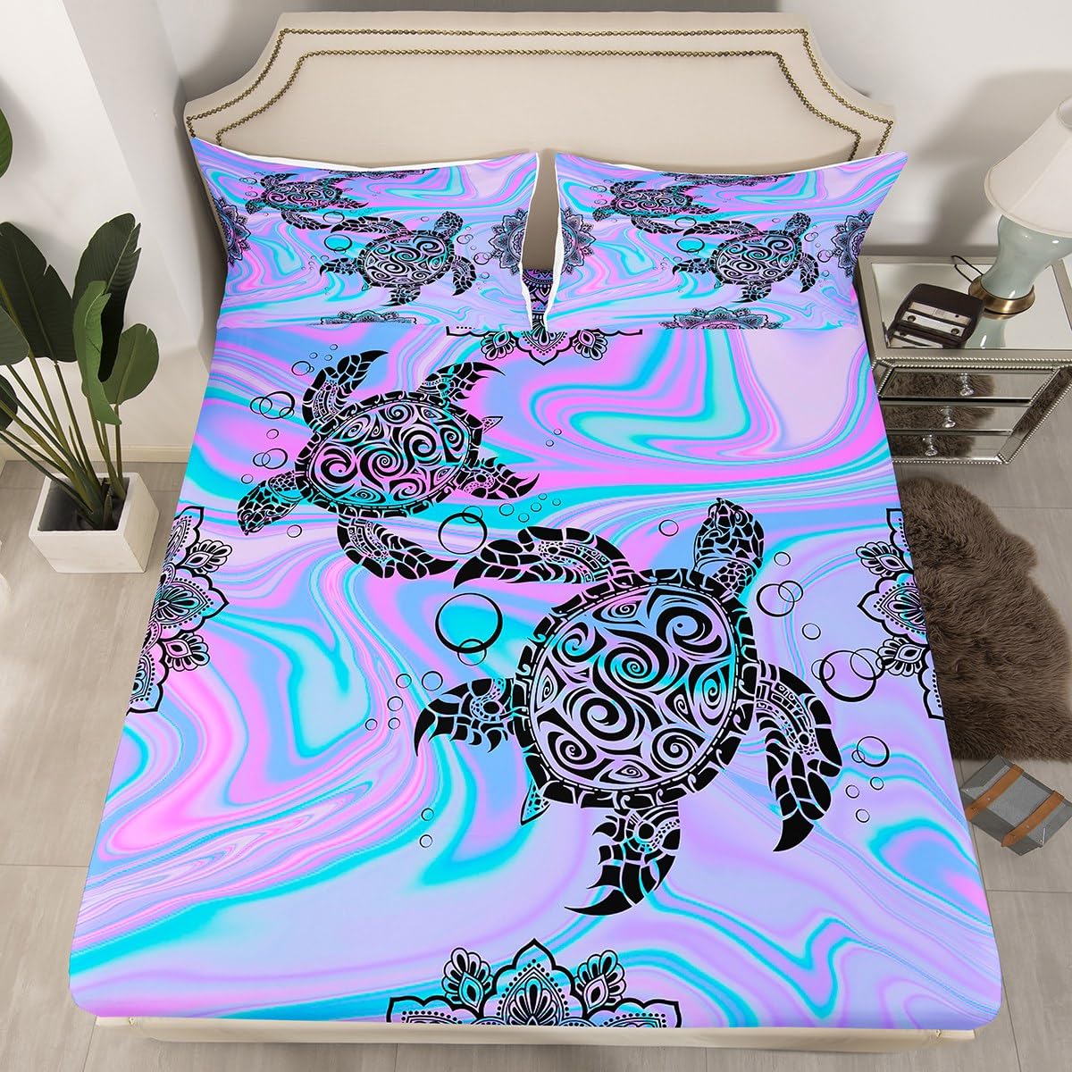 Castle Fairy Kids Tie Dye Sea Turtle Full Fitted Sheet 4pcs,Mandala Flowers Tortoise Animal Bed Sheet Set for Girls Teens Bedroom,Purple Blue Marble Polyester Bedding Set with 1 Flat + 2 Pillowcases