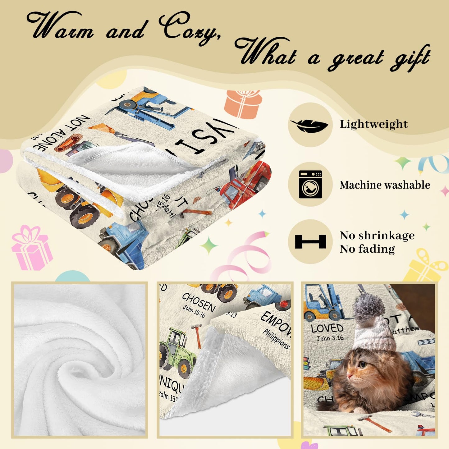 Christian Gifts for Boys, God Says I Am Construction Truck Blanket 50"x60", Inspirational Religious Birthday Gifts for Truck Lover Bible Verse Blanket, Construction truck gifts, Christian truck Gifts