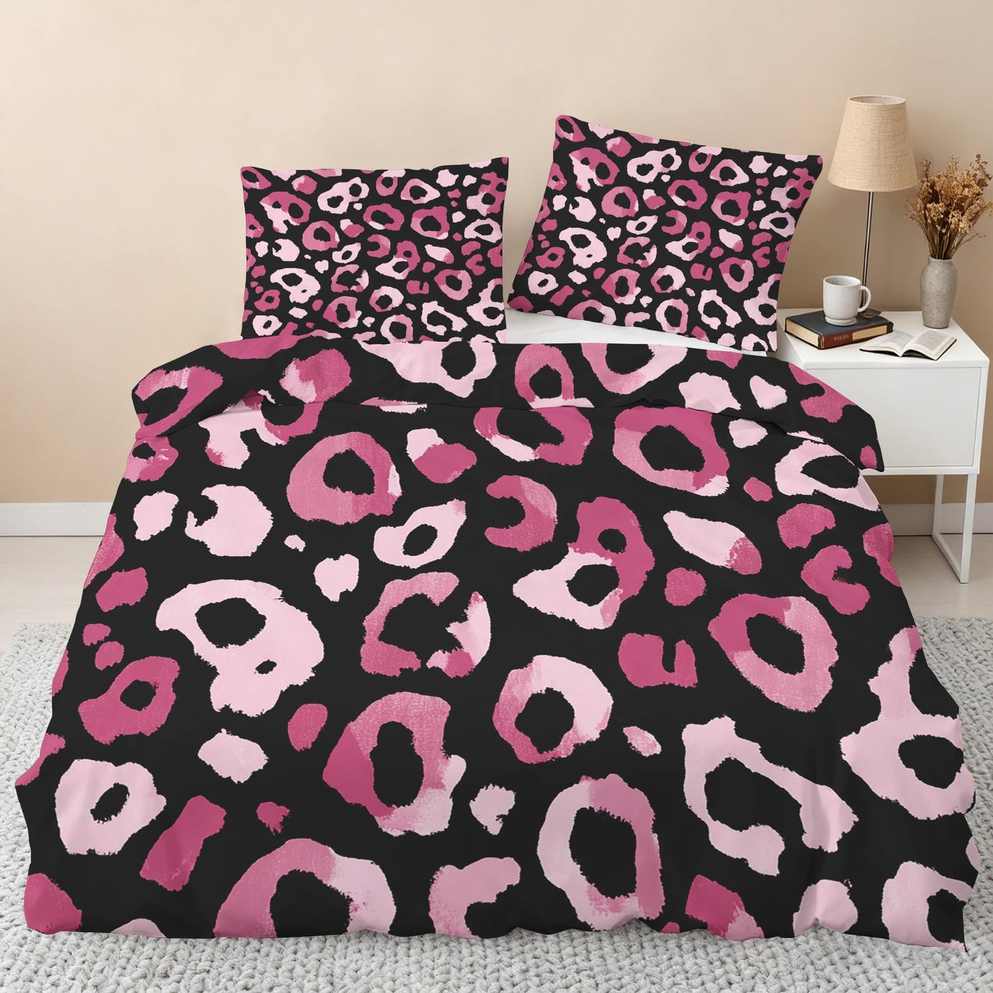 Hot Pink Cheetah Print Duvet Cover Queen, Wildlife Animal Print Bedding Set 3 Piece & 2 Pillowcases, Leopard Print Bedroom Decor, Reversible Soft Microfiber, Zipper Ties