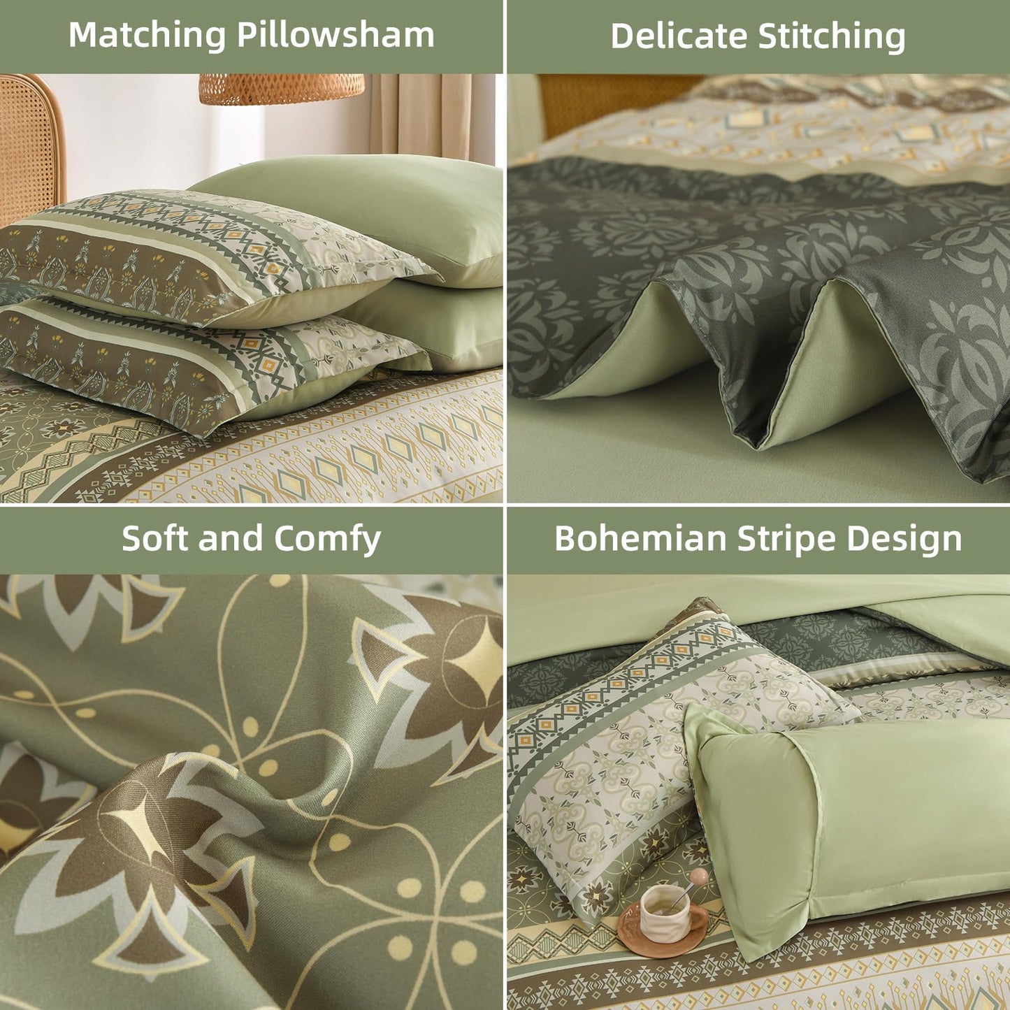 Boho Comforter Set Queen Size,7 Pieces Sage Green Bedding Set Bed in a Bag,Paisley Floral Comfortet and Sheet Set,Soft Striped Bohemian Comforter with Sheet for All Season