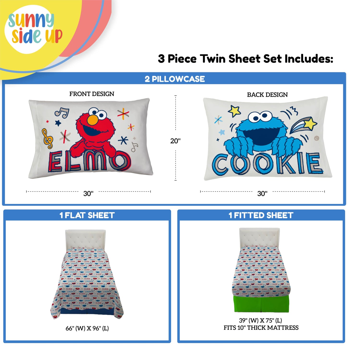 Sunny Side Up Sesame Street Twin Sheet Set - 3 Piece Kids Bedding Set Includes Pillow Cover – Super Soft Microfiber Sheets with Elmo, Cookie Monster and Big Bird