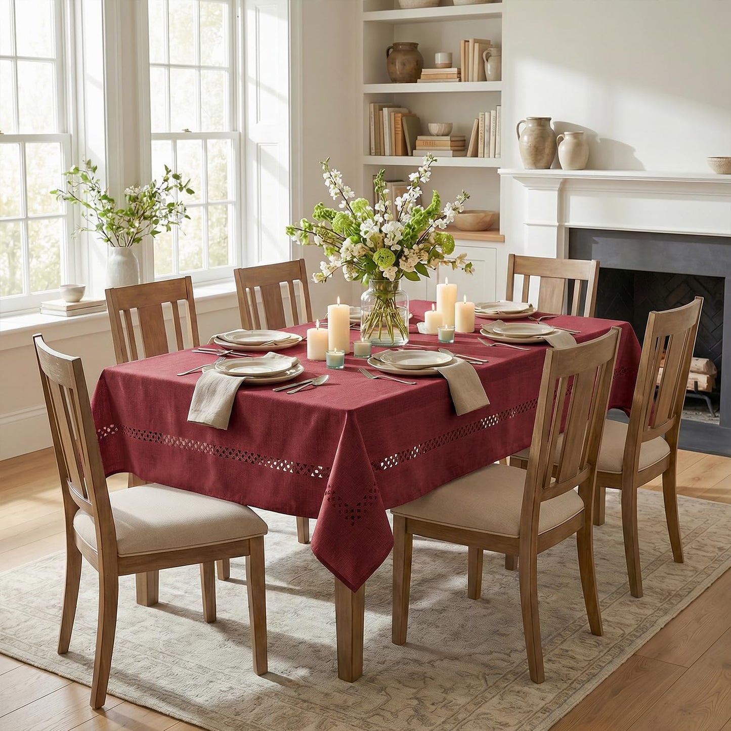Horaldaily Red Farmhouse Style Tablecloth with Decorative Cutouts, 60×104 Inch Rectangular Polyester Table Cloth, Wrinkle Resistant Washable Table Cover for Dining Wedding and Outdoor