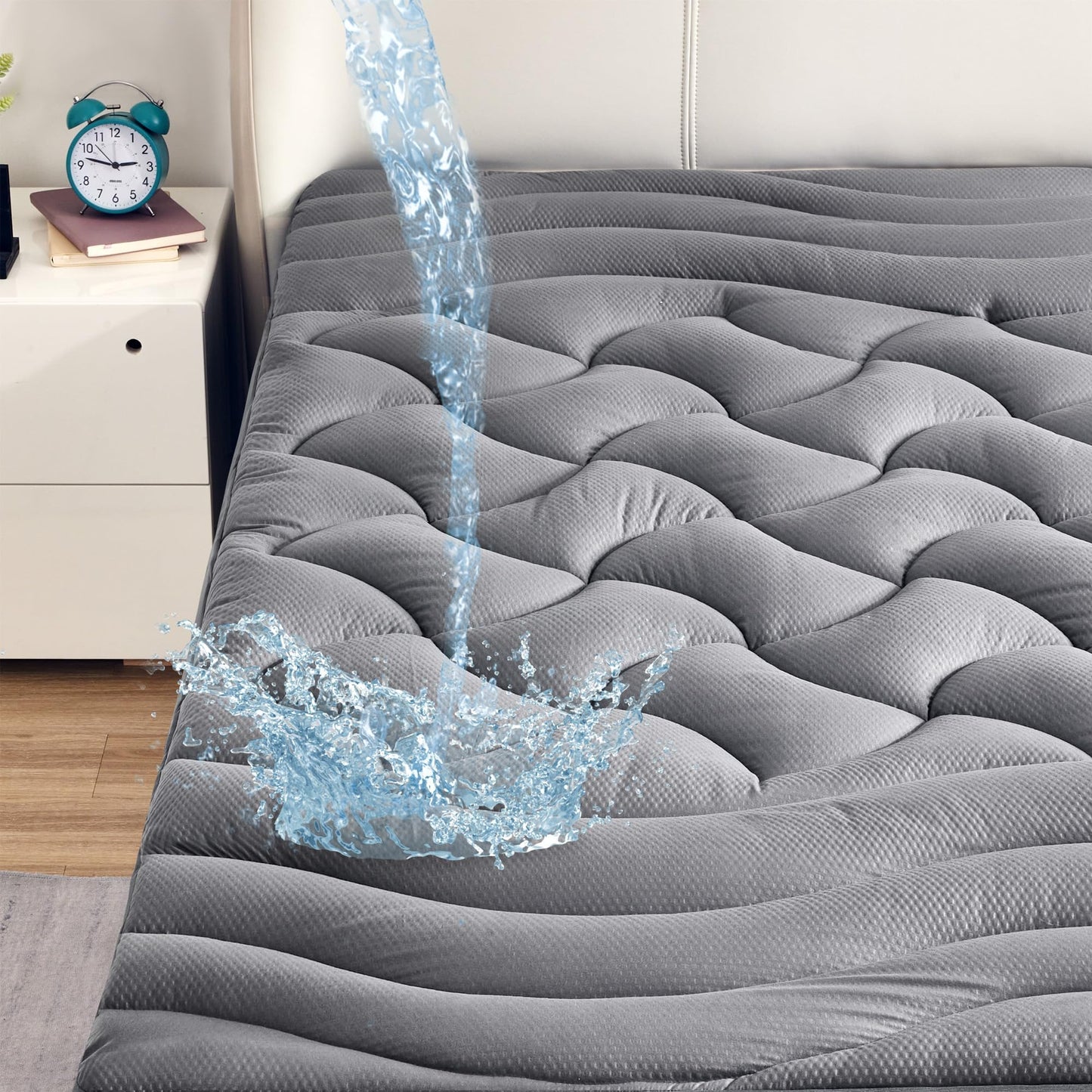SLEEP ZONE Waterproof Mattress Pad Queen, Breathable Mattress Topper Quilted Fitted Cover Protector with Deep Pockets fits 8-21 inch, Gray