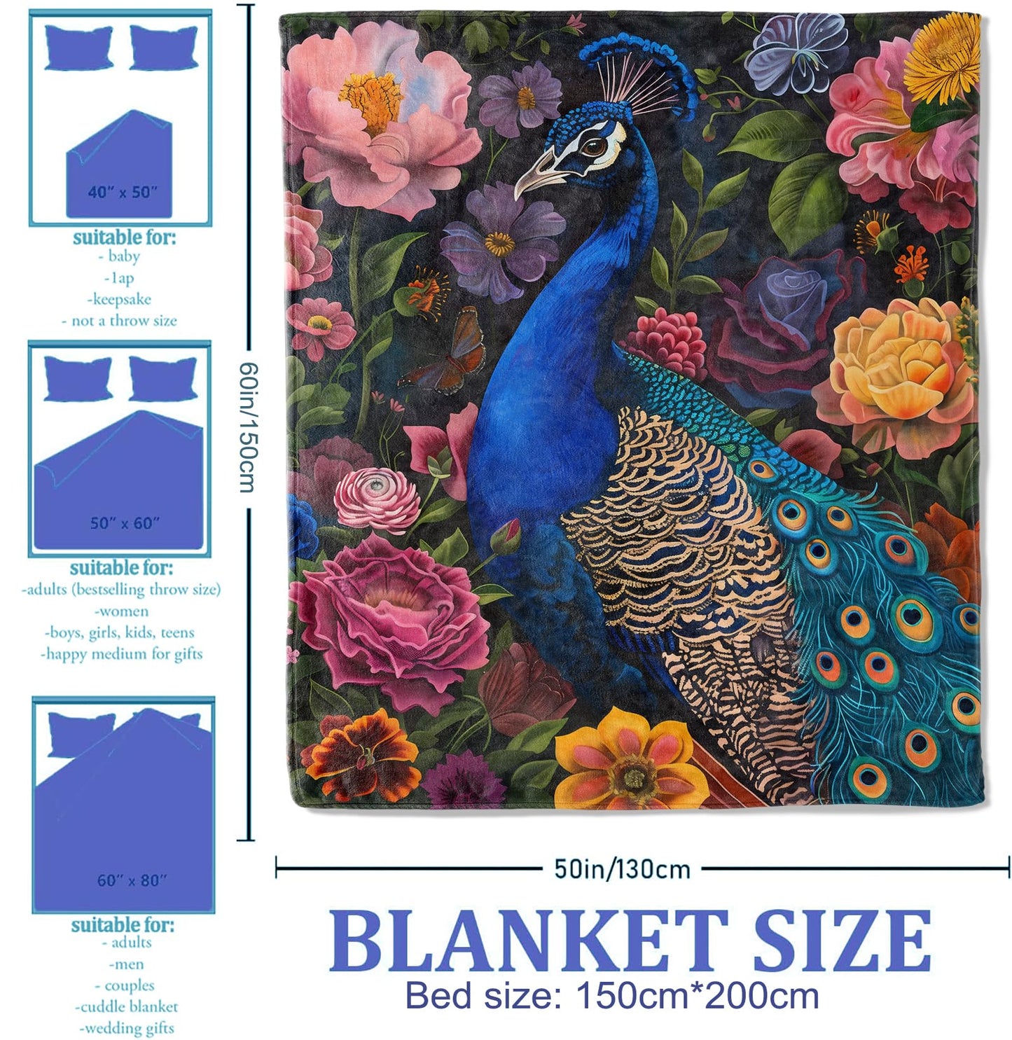 Plistiz Floral Peacock Throw Blanket, 50x60 Inch, Exotic Bird Blankets for Bedroom Decor, Garden Flannel Throw, Gifts for Nature Lovers Women