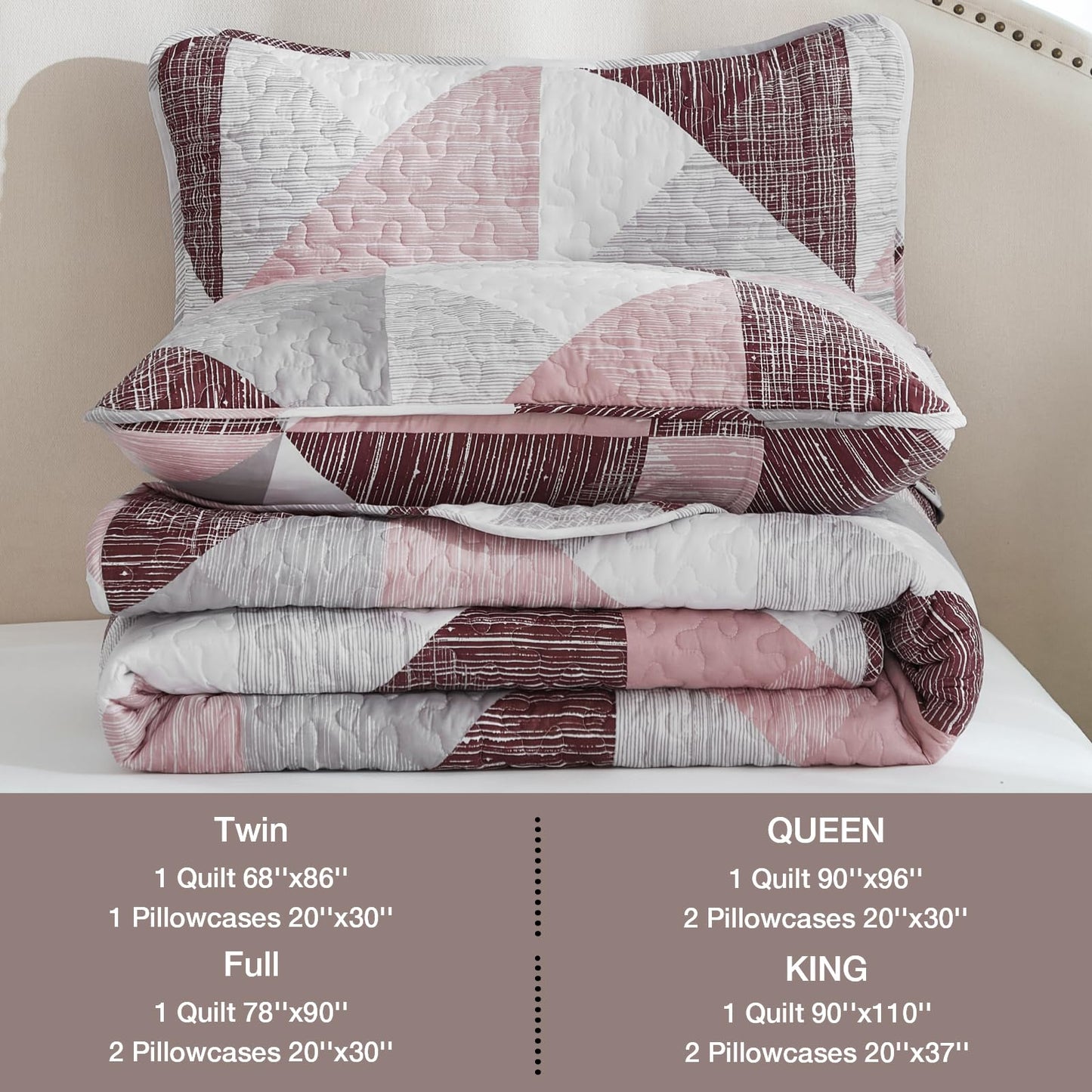 Dintszyayue Pink Quilt Queen Size, 3 Pieces Triangular Patchwork Bedspread Bedding for Queen Size Bed, Soft Lightweight Microfiber Geometric Coverlet Set for All Spring Quilt with 2 Pillowcases90 x96