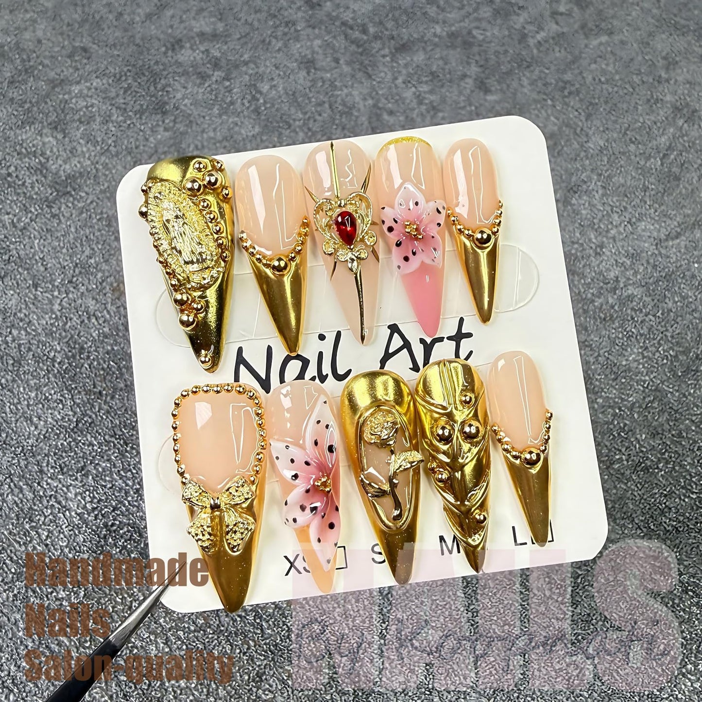 Handmade 3D Nail Art Press Ons Homemade Press On Nails French Tip With 3D Design Summer Flower Fake Nail For Women M
