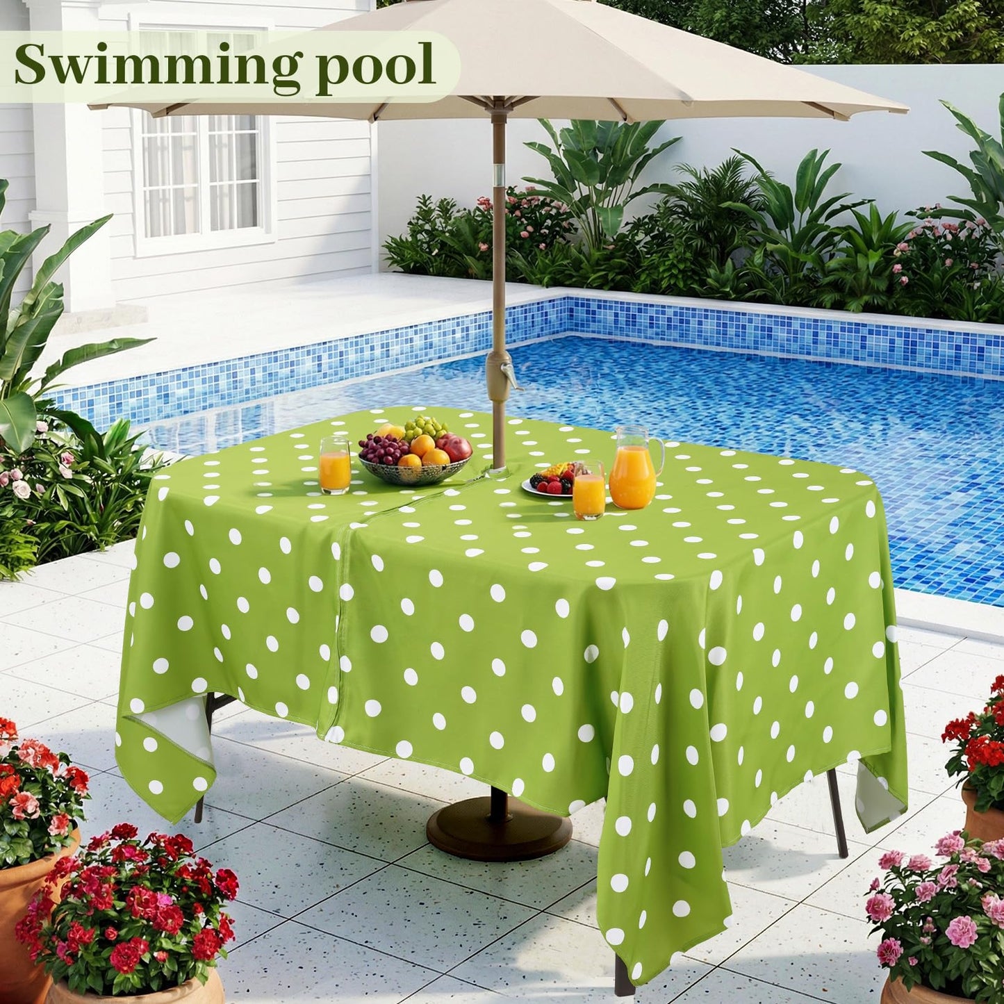 Eternal Beauty 60X 84” Rectangle Tablecloth Waterproof Outdoor Tablecloth with Umbrella Hole Zipper for Patio Spring Summer Picnic Tables (Green Polka Dot)