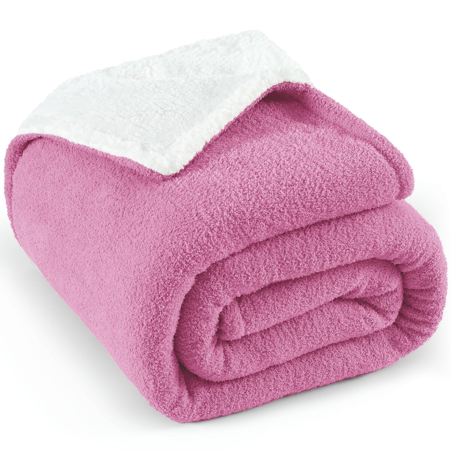 LONG CREATE Ultra Soft Sherpa Fleece Blanket 90"X 90" Queen Size, 480GSM Big Cozy and Warm Knit Throws for Winter, Fuzzy and Plush Reversible Thick Blankets for Couch Bed Sofa, Hot Pink