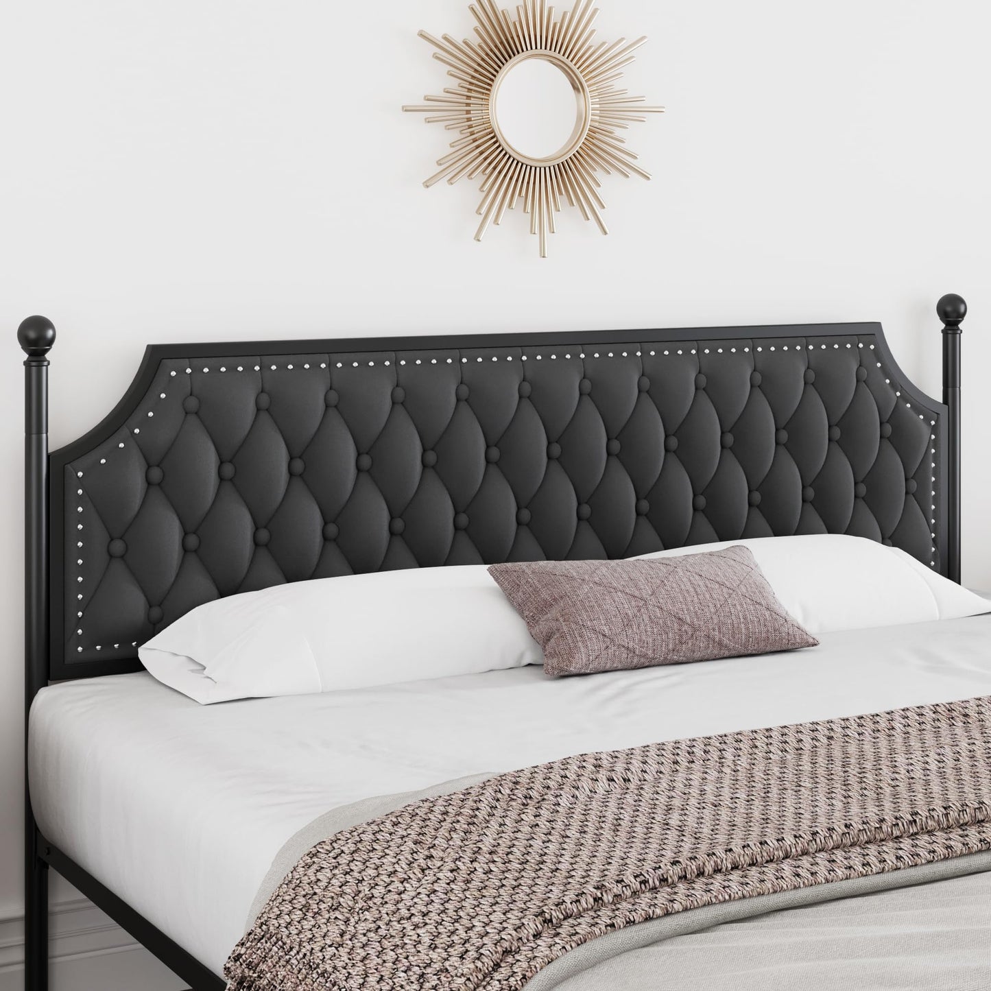 Keyluv King Upholstered Canopy Bed Frame with 3 Storage Drawers & Button Tufted Headboard, Metal Platform Bed with 4 Removable Posts, Two-Purpose Velvet Bed, Dark Grey/Curtain Not Included