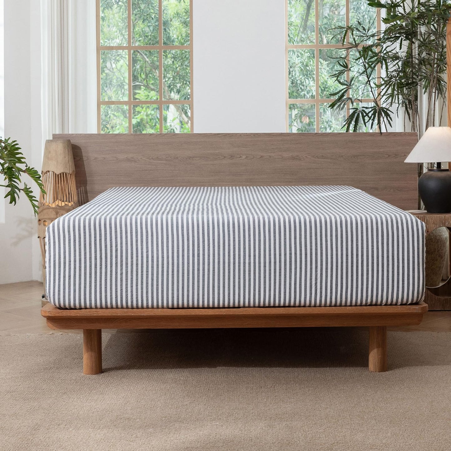 MooMee Striped Fitted Bottom Sheet Only 100% Washed Cotton Linen Like Textured Breathable Durable Soft Comfy Deep Pocket Fits Mattress up to 17" (Dark Grey White Classic Stripes, Queen)