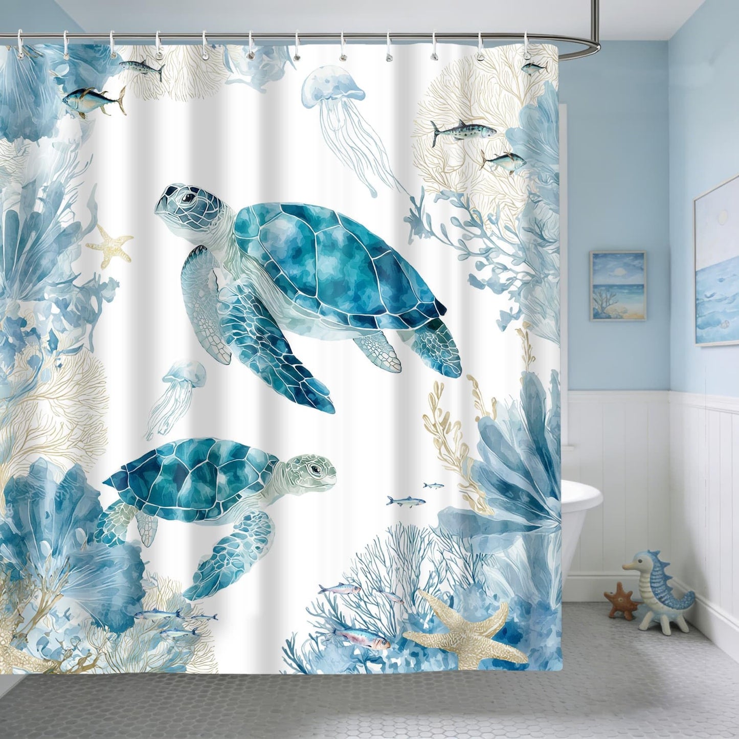TYTYUU Sea Turtle Shower Curtain for Bathroom, Ocean Themed, Blue, 72x72In
