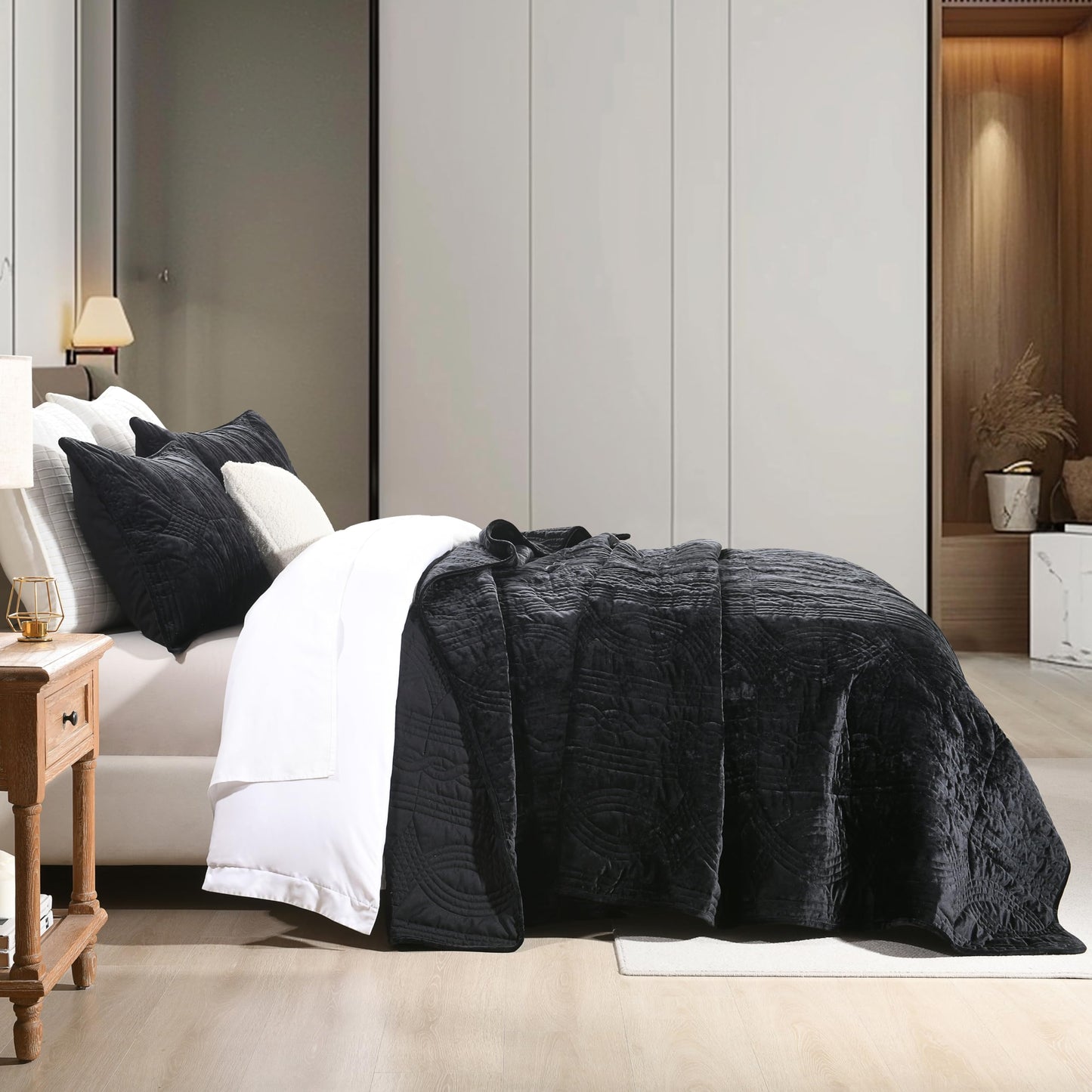 Homzard Velvet Quilt Set Queen Size, Black Velvet Comforter Set, Bedspread Coverlet Quilted Bedding Set,for All Season