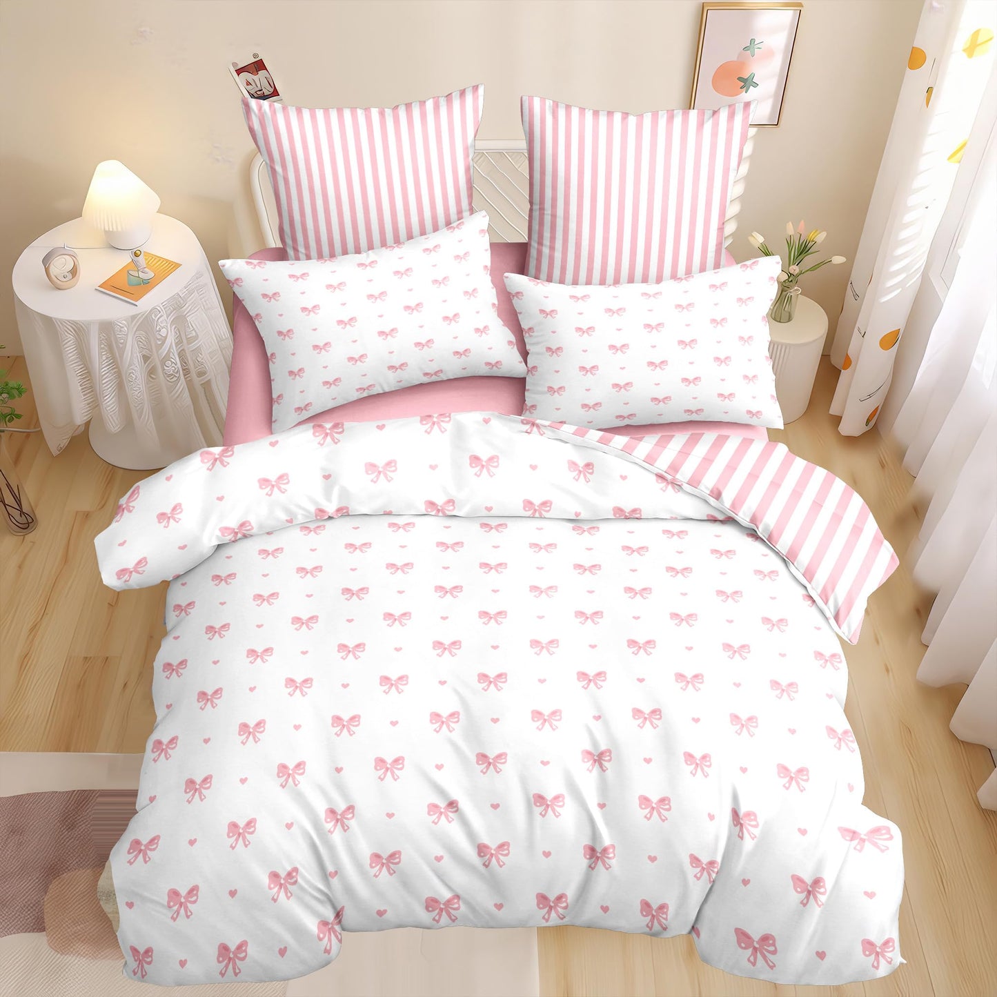 Sedefen Bow Duvet Cover Queen Size Pink Striped Heart Bedding Set Cute Love Heart Printed On White Comforter Cover with Zipper Closure Soft Breathable Microfiber for Kids Girls