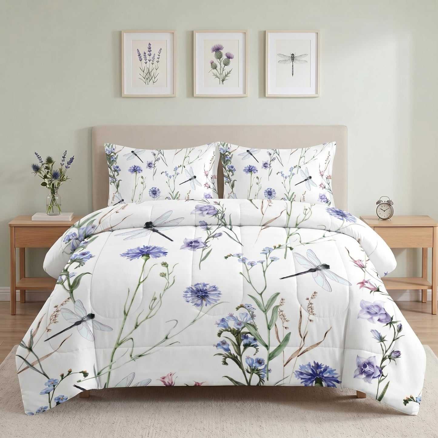 WeCozy Queen Size Comforter Set with 2 Pillowcases, Wildflower Botanical Herb Plant Leaf Floral Flower Painting Dragonfly Soft 3 Pcs Bedding for Kids and Adults Bedroom Bed Decor