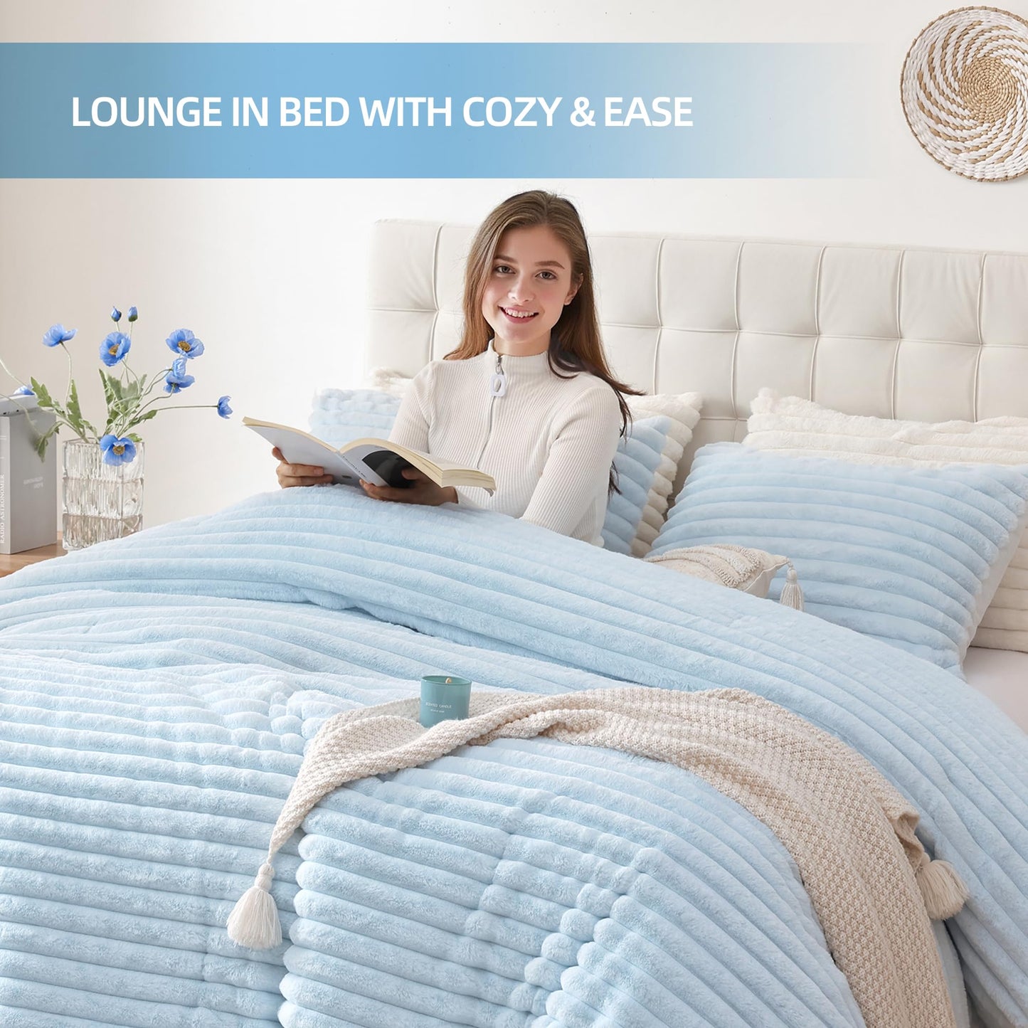 Smoofy Fluffy King Size Comforter Set 3 Pieces - Light Blue Fleece Fluffy Comforter Set, Luxury Fuzzy King Bedding Set, Soft King Bed Set All Season, Heavy Faux Fur Comforter with 2 Pillow Cases