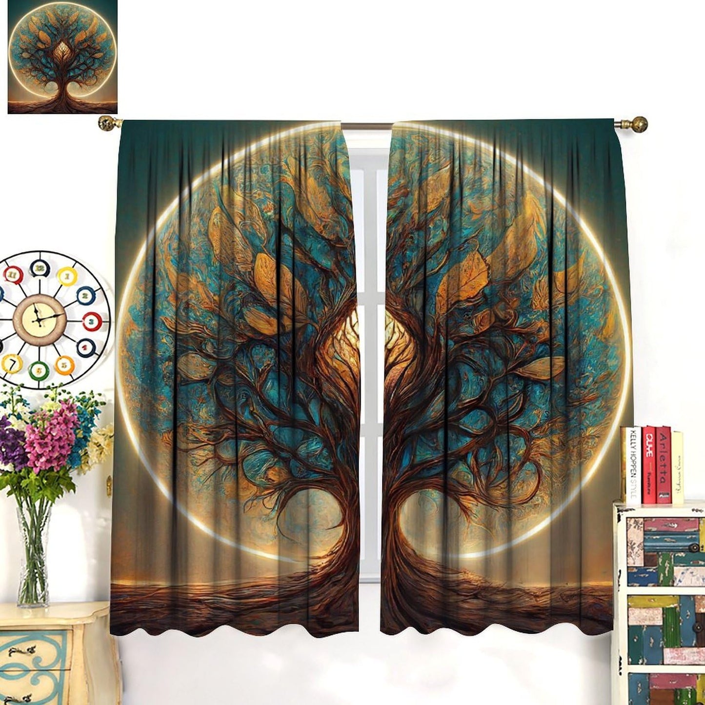 HZOHNAGO Tree of Life Curtains Retro Vibrant Forest Golden Tree Pattern Decor Print Rod Pocket Window Drapes for Bedroom Living Room 42x45in