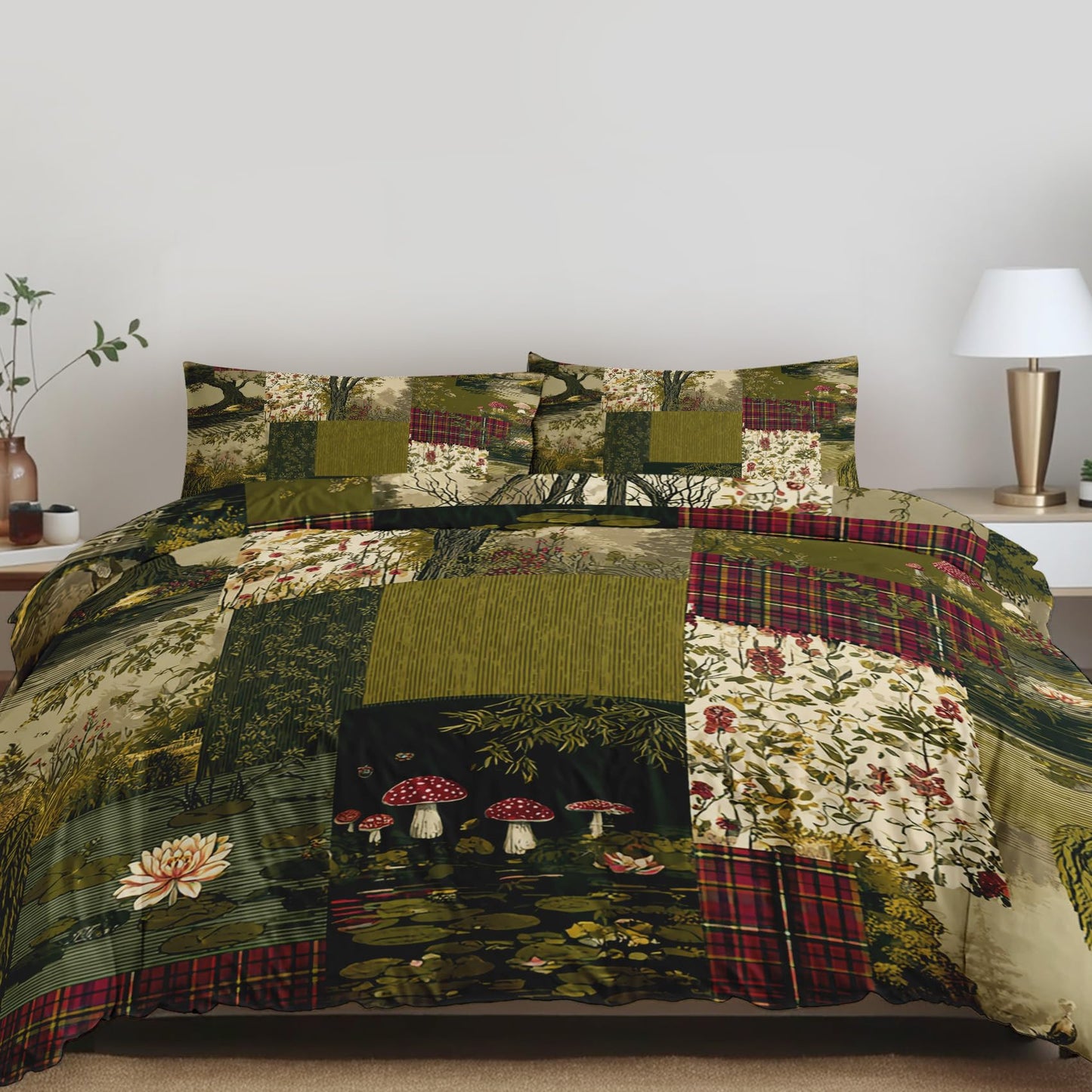 Botanical Patchwork Duvet Cover King Size Spring Floral Bedding, Green Red Rustic Comforter Cover Set Microfiber 3pcs Washed Comfy Breathable with 2 Pillow Shams & Zipper Closure, 104"x90"