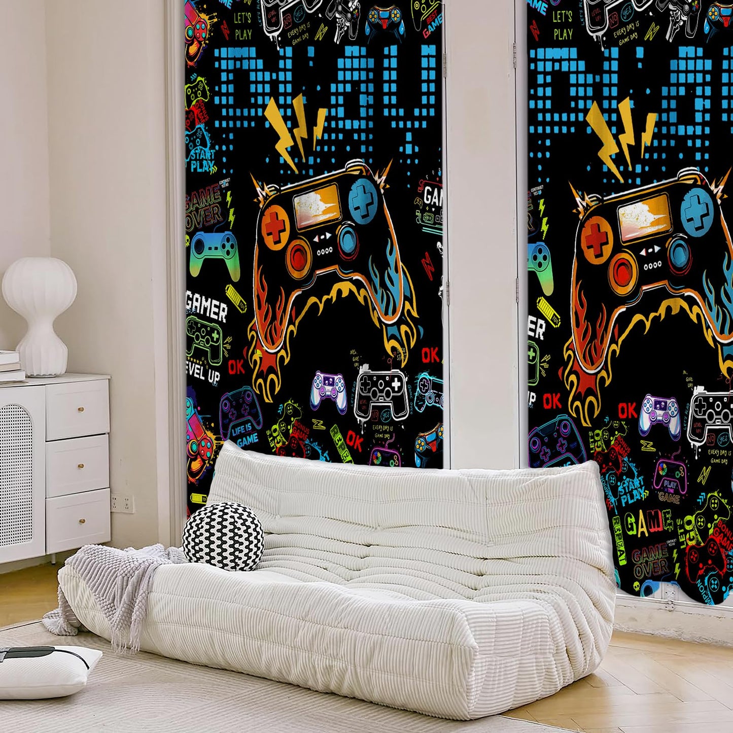 SIOQCKIS Gamepad Game Curtains for Boys Bedroom, Gaming Curtains for Boys Room, Game Controller Boy Curtain for Bedroom, 52 x 84 Inch Long 2 Panels Gamer Curtain for Kids, Video Games Window Decor