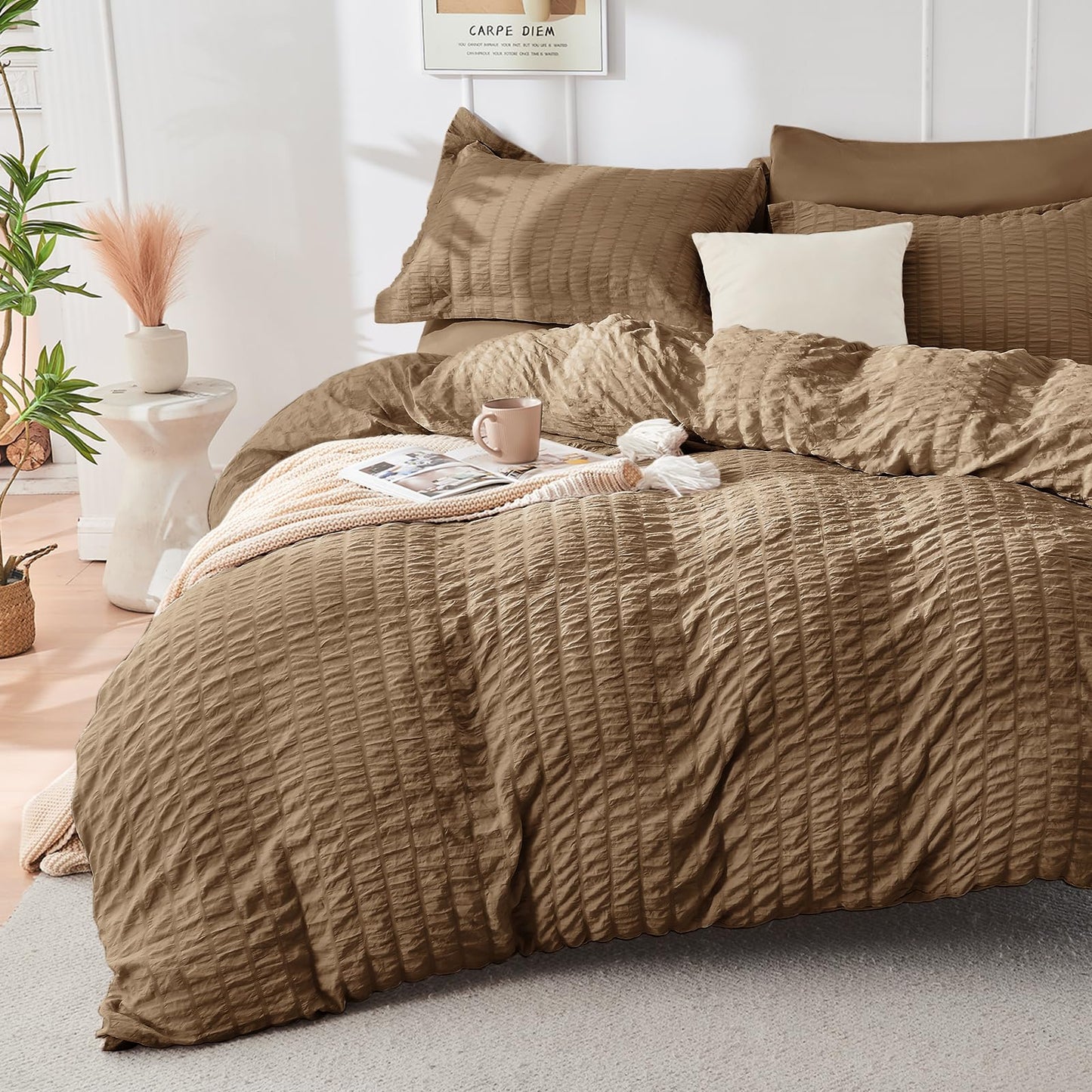 HYMOKEGE Brown Full Size Comforter Sets Seersucker 7 Pieces, All Season Luxury Bed in a Bag for Bedroom, Bedding Set with Comforter, Sheets, Pillowcases & Shams