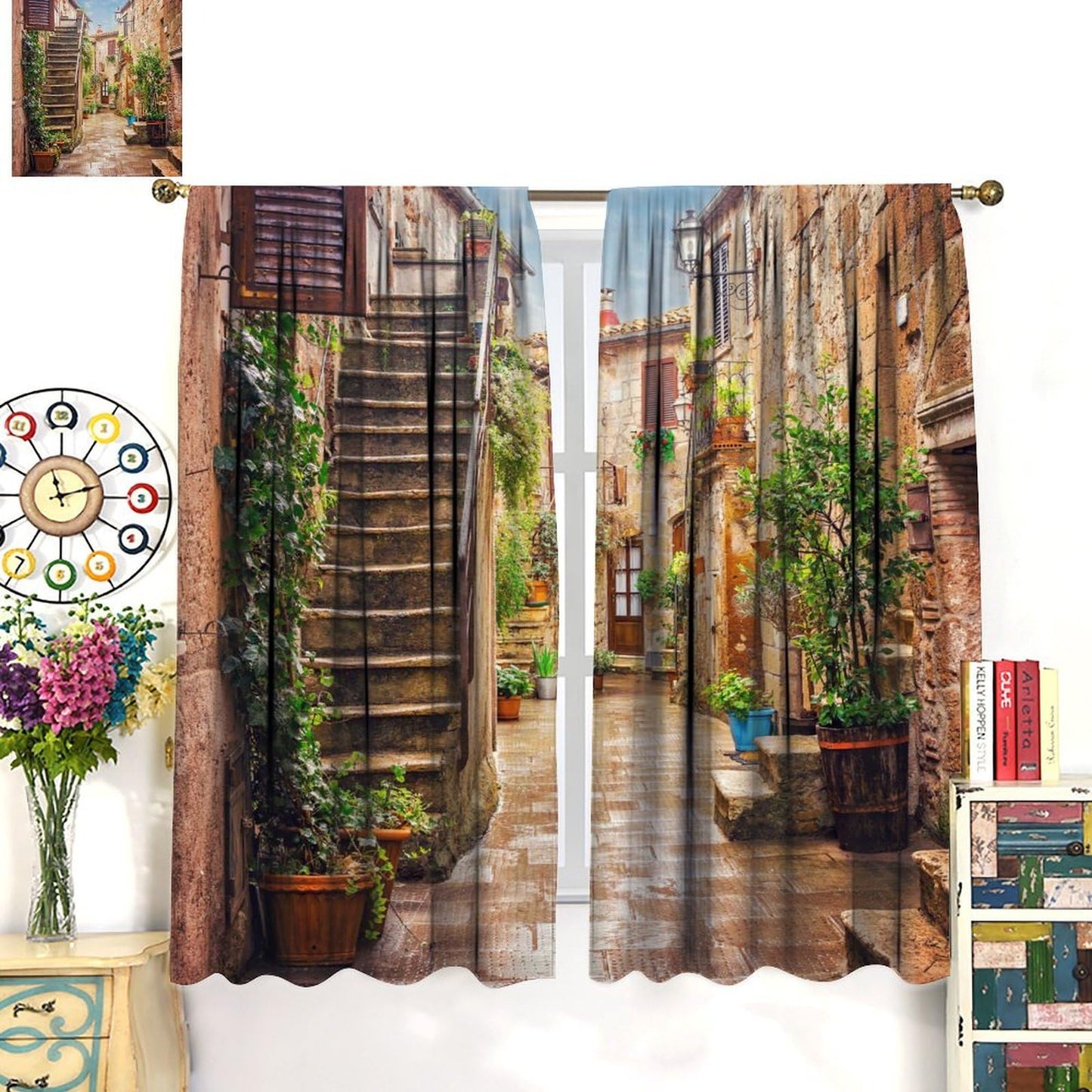 Italian Scenery Blackout Curtain,Stone Rock Houses City Rural Print Window Drapes for Bedroom Living Room Kitchen Cafe Office Decor Thermal Insulated Darkening Drapes 42x45 Inch