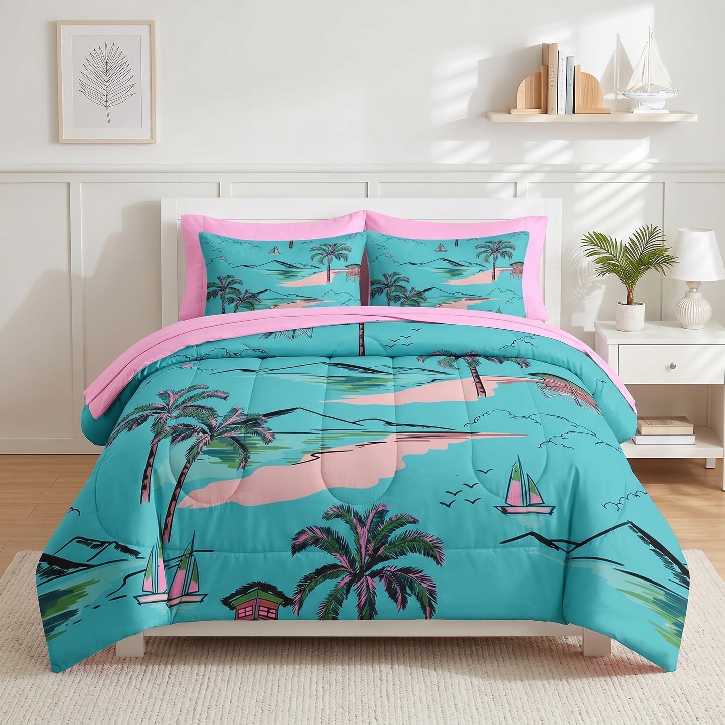 Nesker 7 Pcs Comforter Set Queen Size, Hawaiian Sweet Palm Leaf Bedding Set for Kids and Adults, Beach Ocean Blue-Green Sheets Bed Sheet Sets with Fitted Sheet 2 Pillowcases & 2 Shams