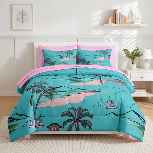 Nesker 7 Pcs Comforter Set Queen Size, Hawaiian Sweet Palm Leaf Bedding Set for Kids and Adults, Beach Ocean Blue-Green Sheets Bed Sheet Sets with Fitted Sheet 2 Pillowcases & 2 Shams